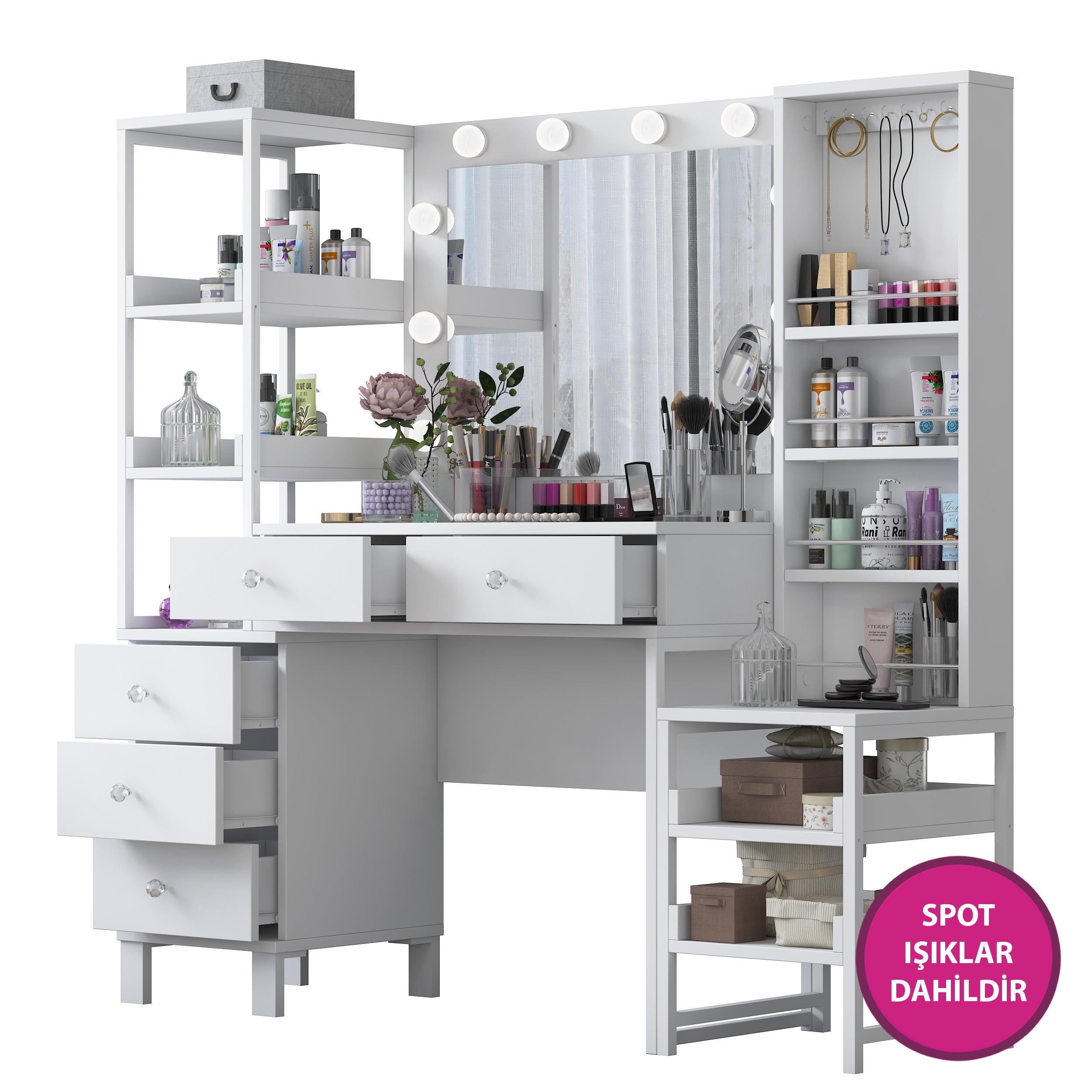 Rani BJ154 Hollywood Işıklı Aynalı Kulis Makyaj Masası 5 Çekmeceli Açık Raflı Takı Düzenleyici Beyaz
