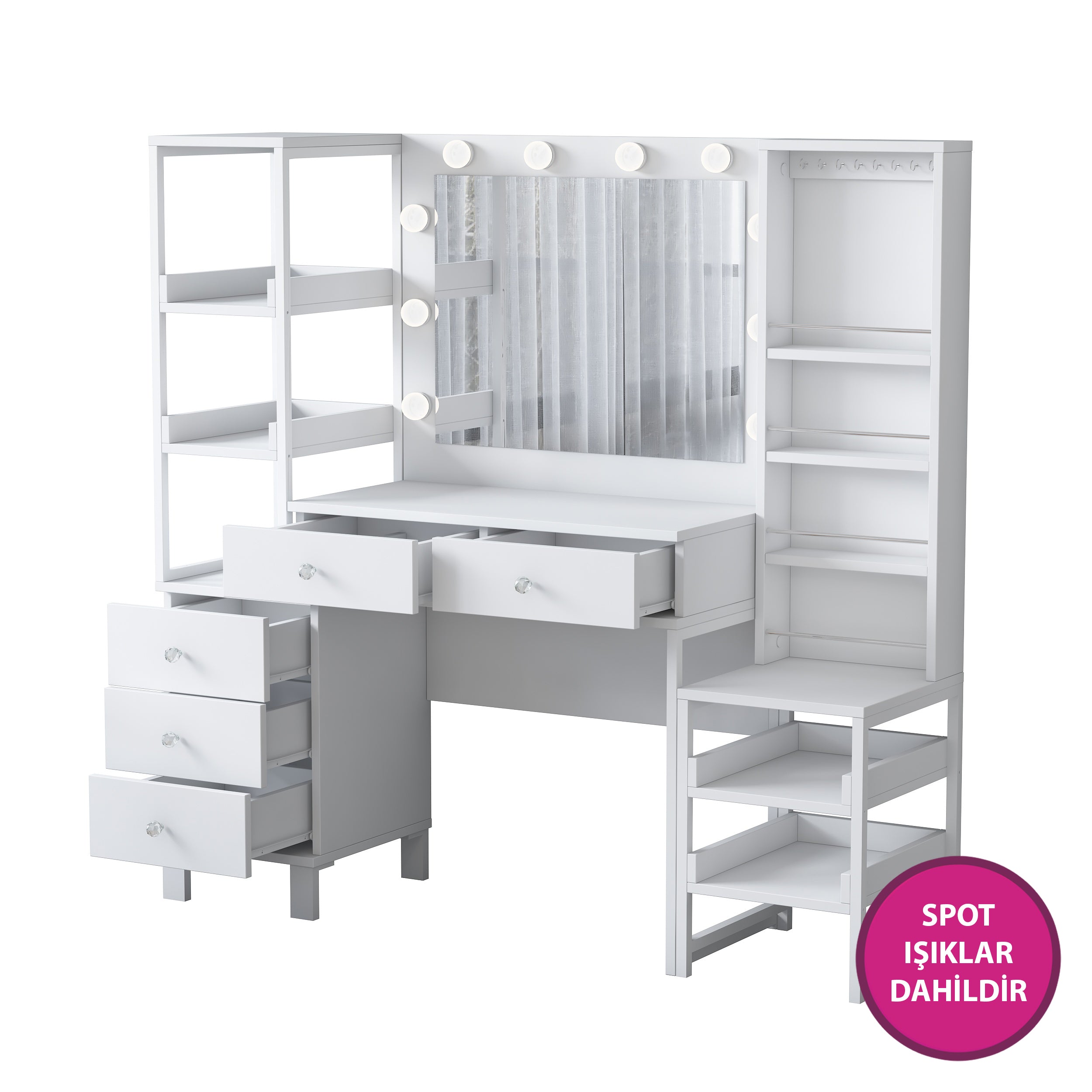 Rani BJ154 Hollywood Işıklı Aynalı Kulis Makyaj Masası 5 Çekmeceli Açık Raflı Takı Düzenleyici Beyaz