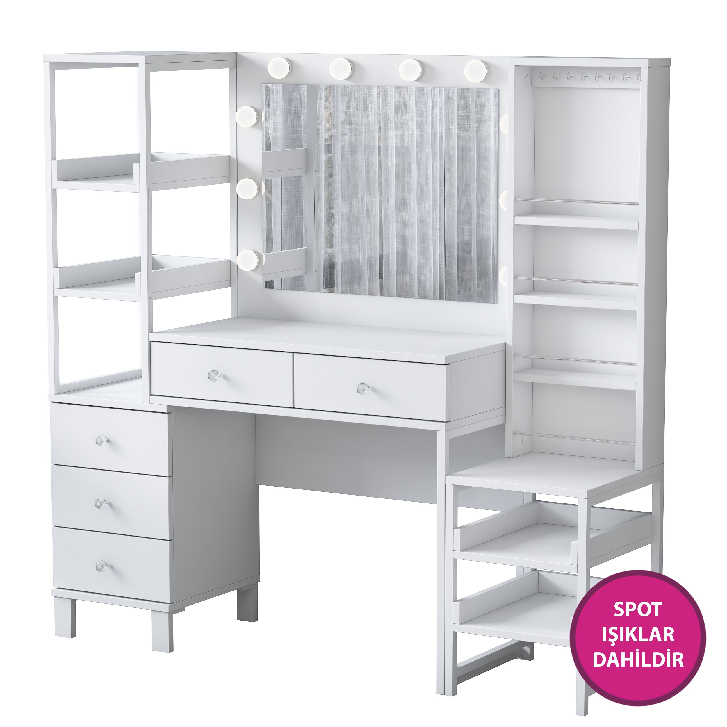 Rani BJ154 Hollywood Işıklı Aynalı Kulis Makyaj Masası 5 Çekmeceli Açık Raflı Takı Düzenleyici Beyaz