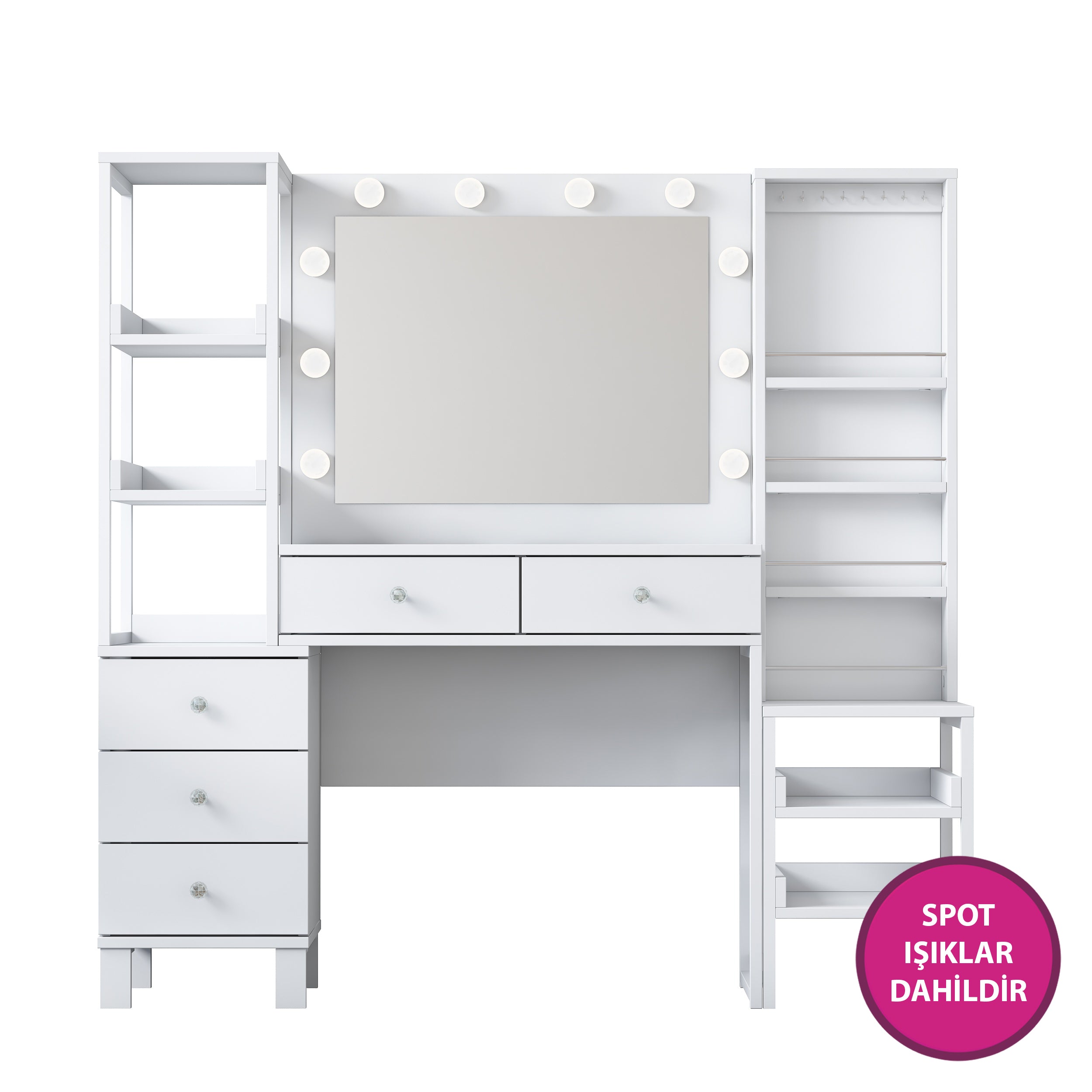 Rani BJ154 Hollywood Işıklı Aynalı Kulis Makyaj Masası 5 Çekmeceli Açık Raflı Takı Düzenleyici Beyaz