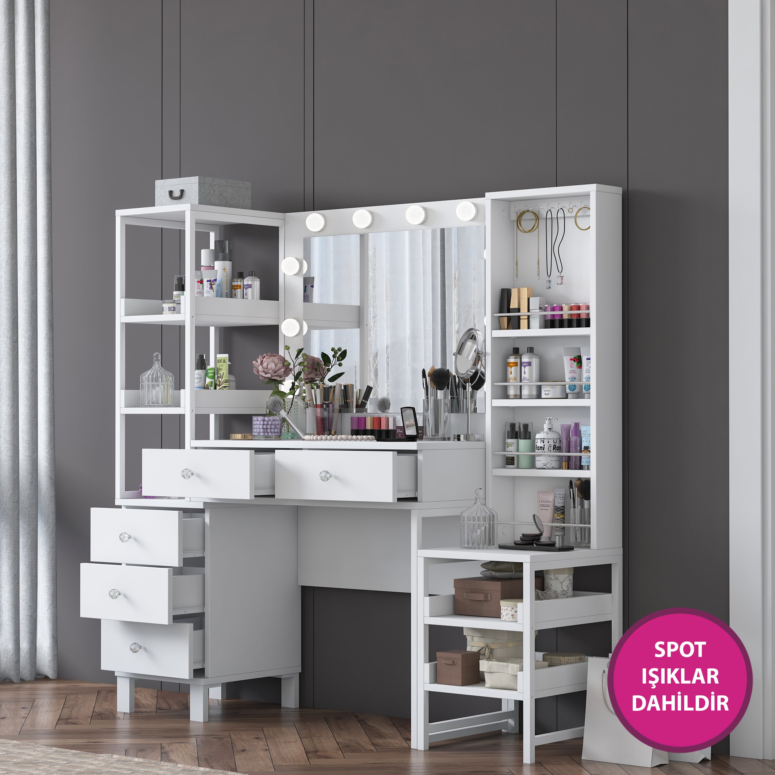 Rani BJ154 Hollywood Işıklı Aynalı Kulis Makyaj Masası 5 Çekmeceli Açık Raflı Takı Düzenleyici Beyaz