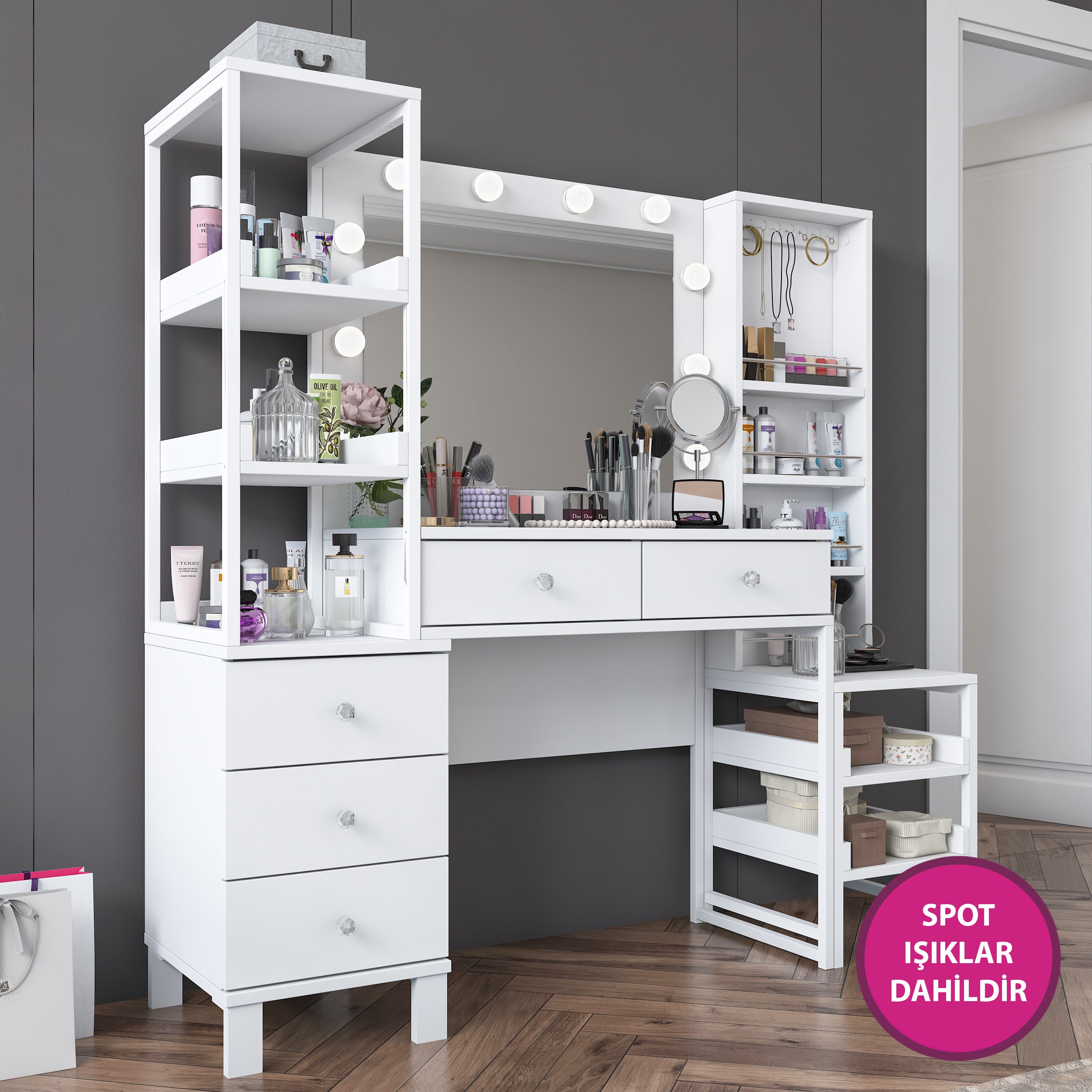 Rani BJ154 Hollywood Işıklı Aynalı Kulis Makyaj Masası 5 Çekmeceli Açık Raflı Takı Düzenleyici Beyaz