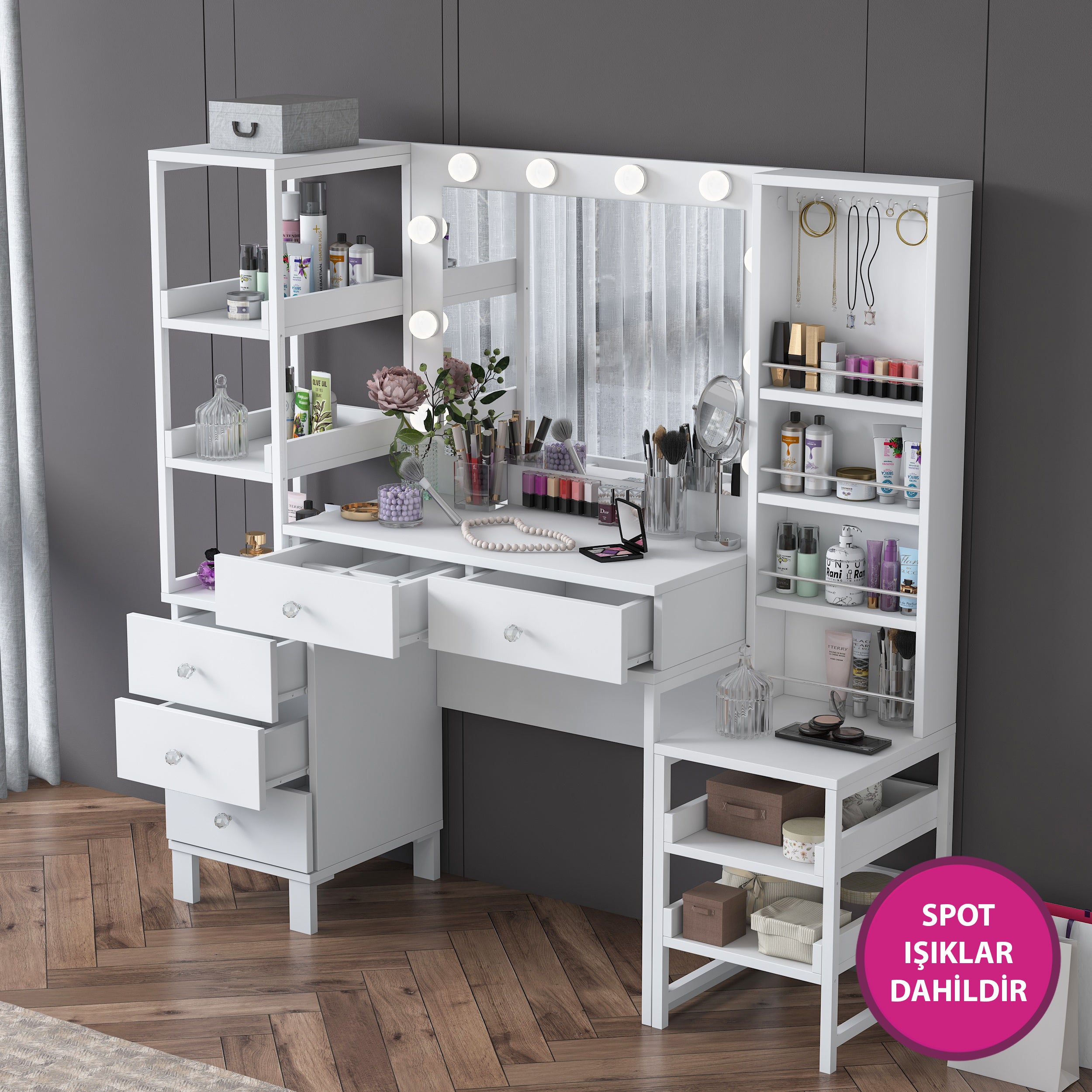Rani BJ154 Hollywood Işıklı Aynalı Kulis Makyaj Masası 5 Çekmeceli Açık Raflı Takı Düzenleyici Beyaz