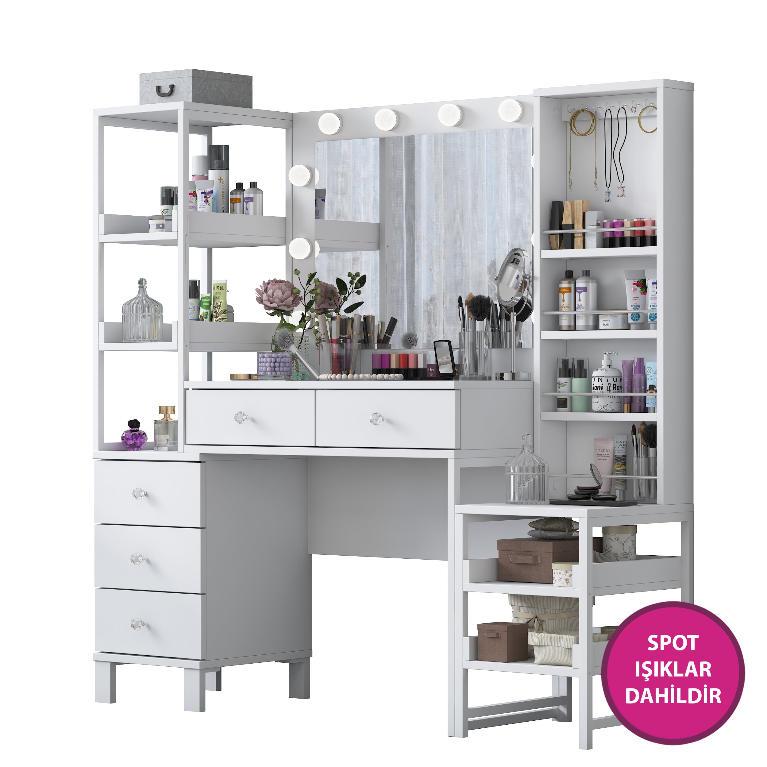 Rani BJ154 Hollywood Işıklı Aynalı Kulis Makyaj Masası 5 Çekmeceli Açık Raflı Takı Düzenleyici Beyaz