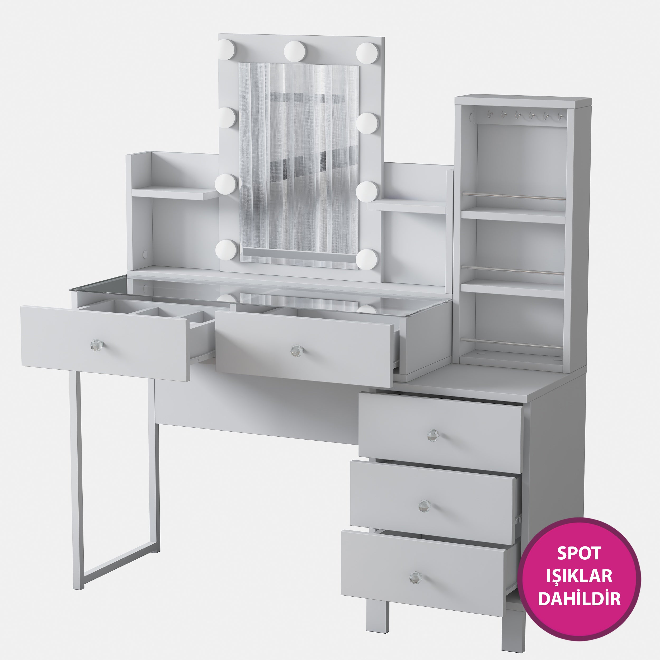 Rani BJ153 Hollywood Işıklı Aynalı Kulis Makyaj Masası Cam Tablalı 5 Çekmeceli Takı Düzenleyici Beyaz