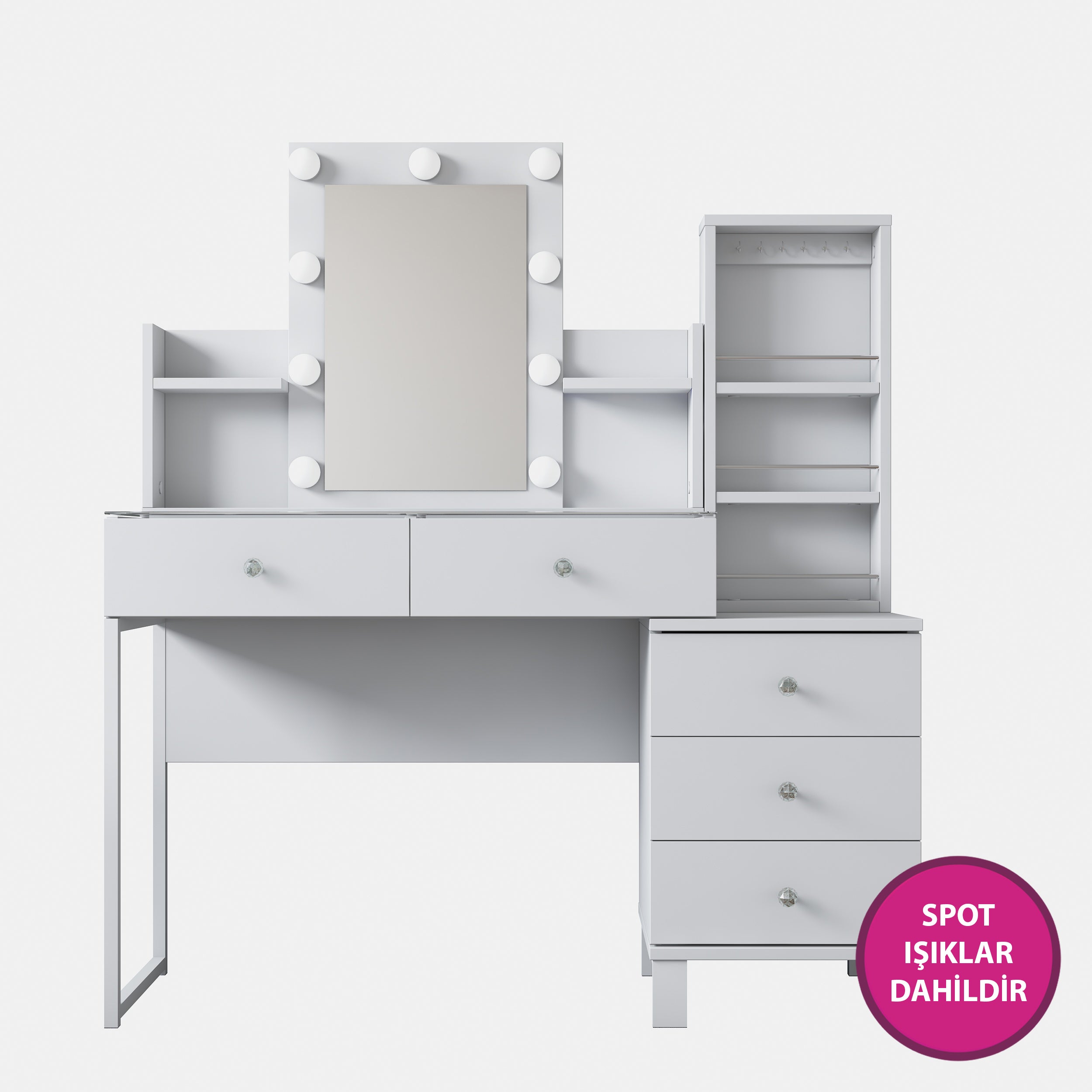 Rani BJ153 Hollywood Işıklı Aynalı Kulis Makyaj Masası Cam Tablalı 5 Çekmeceli Takı Düzenleyici Beyaz