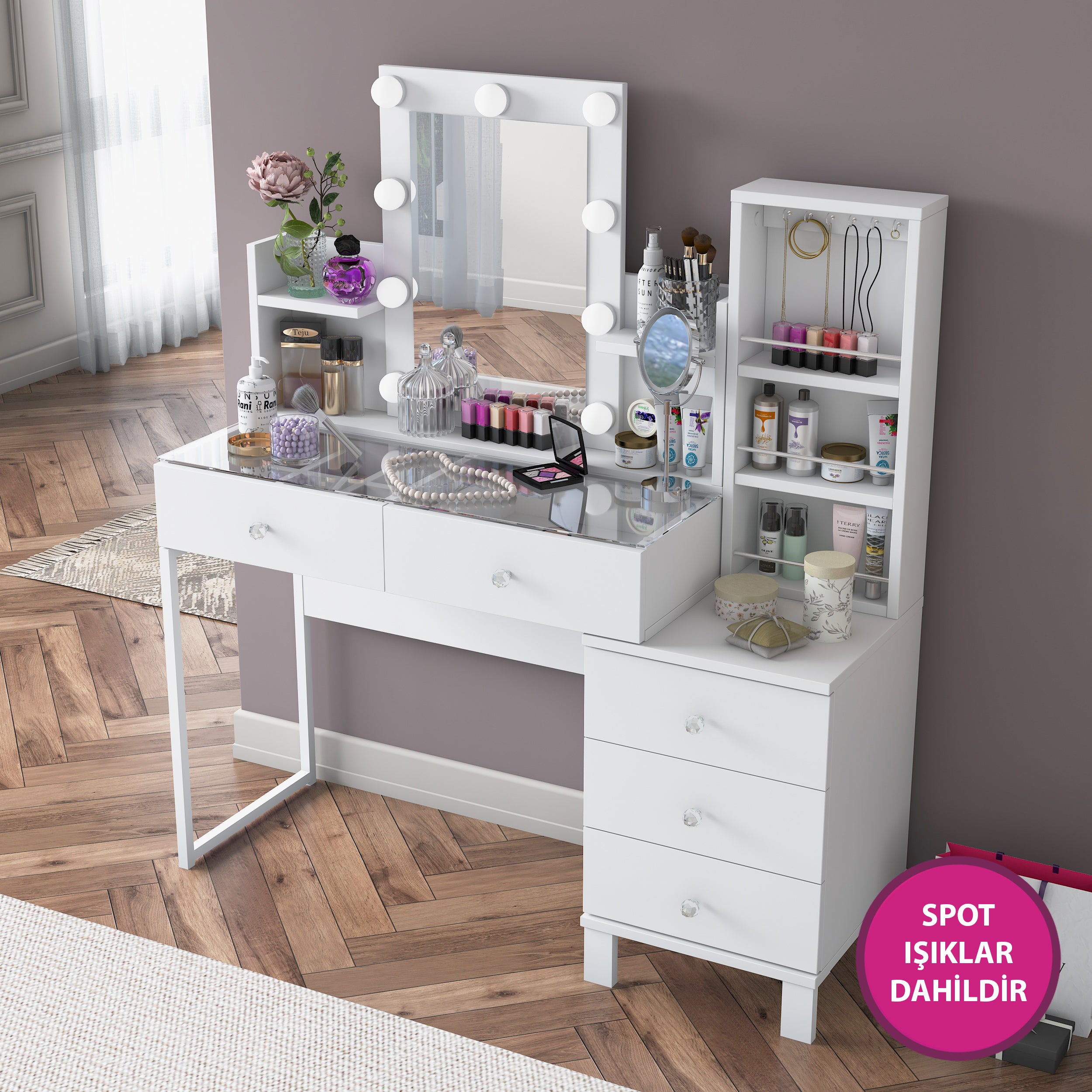 Rani BJ153 Hollywood Işıklı Aynalı Kulis Makyaj Masası Cam Tablalı 5 Çekmeceli Takı Düzenleyici Beyaz