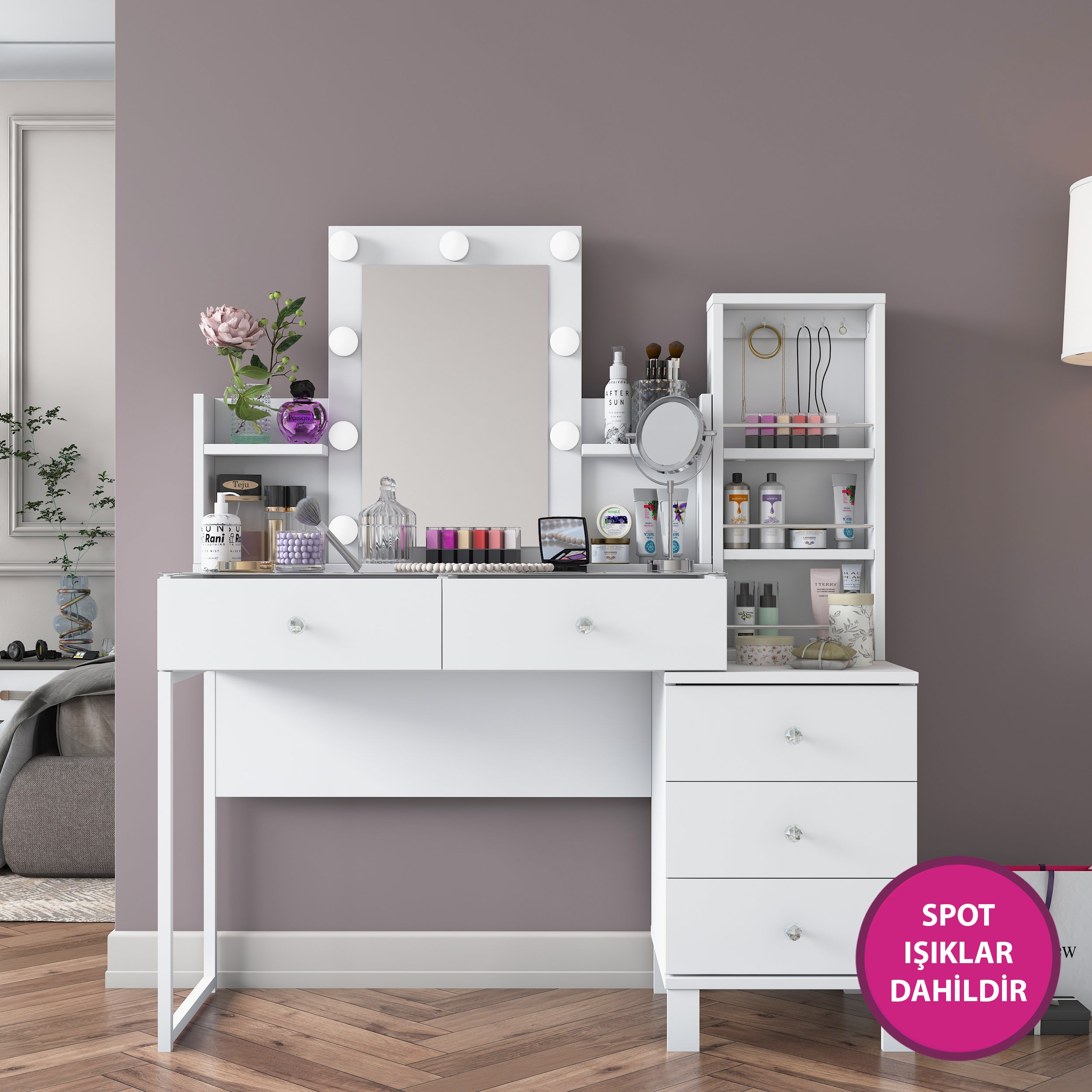 Rani BJ153 Hollywood Işıklı Aynalı Kulis Makyaj Masası Cam Tablalı 5 Çekmeceli Takı Düzenleyici Beyaz