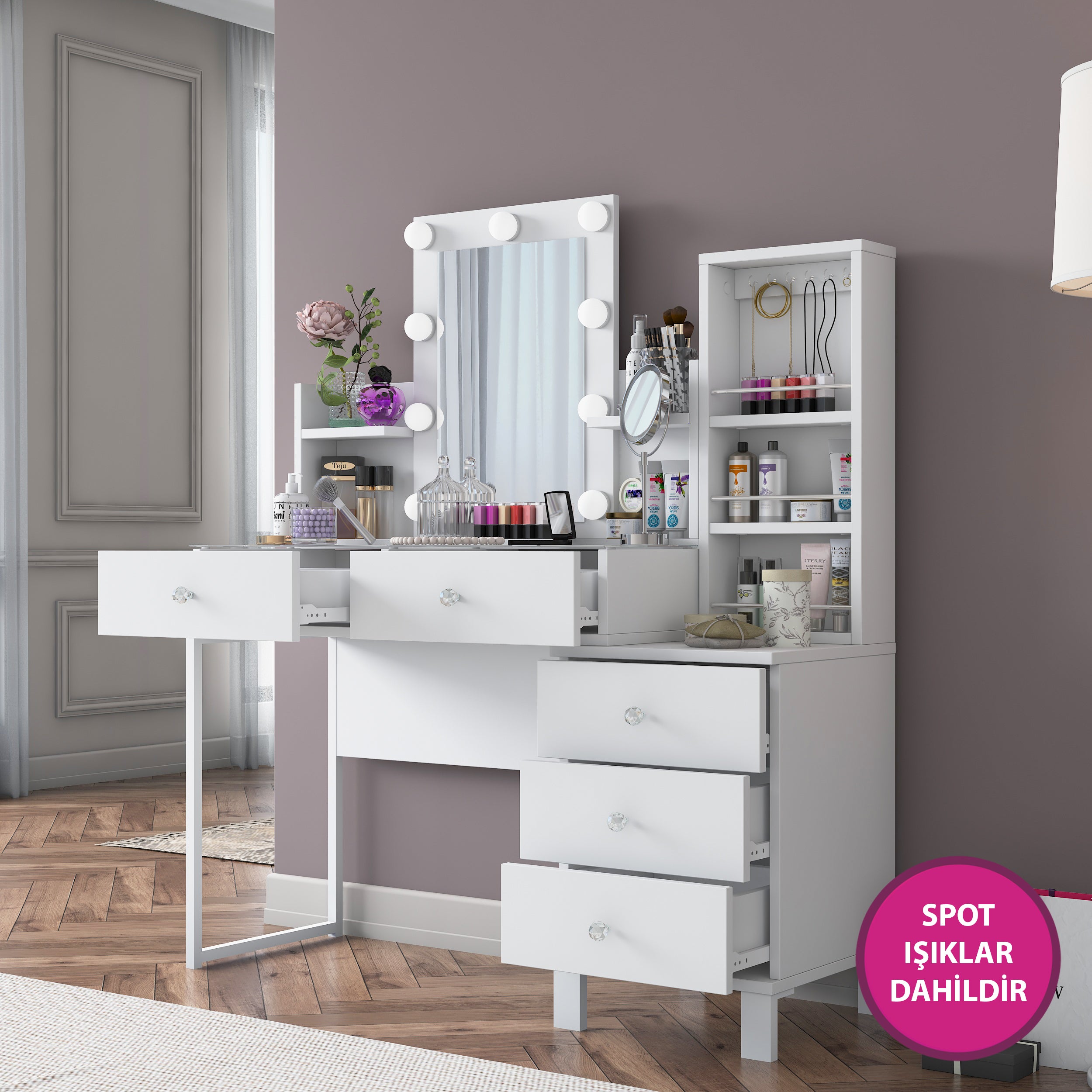 Rani BJ153 Hollywood Işıklı Aynalı Kulis Makyaj Masası Cam Tablalı 5 Çekmeceli Takı Düzenleyici Beyaz
