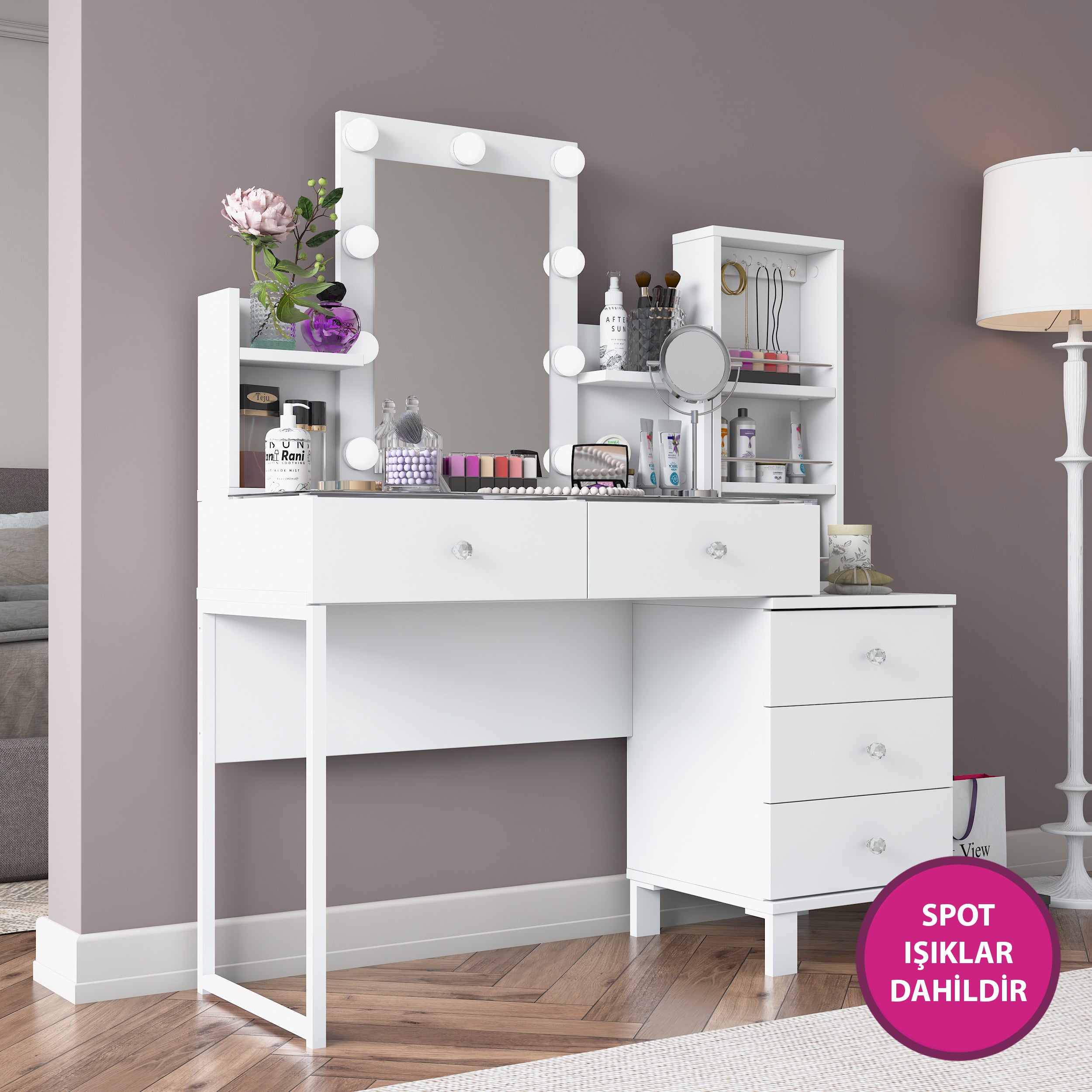 Rani BJ153 Hollywood Işıklı Aynalı Kulis Makyaj Masası Cam Tablalı 5 Çekmeceli Takı Düzenleyici Beyaz