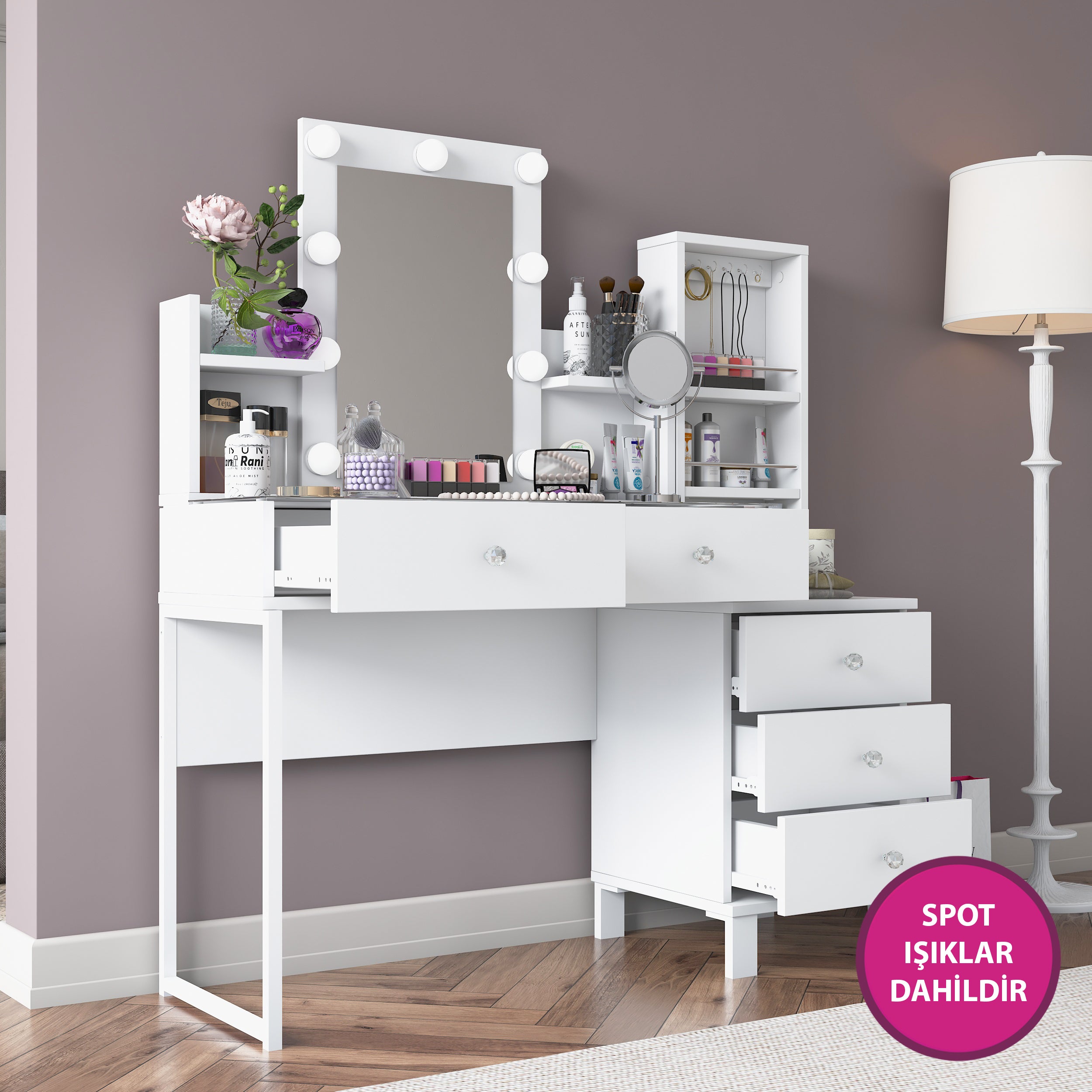 Rani BJ153 Hollywood Işıklı Aynalı Kulis Makyaj Masası Cam Tablalı 5 Çekmeceli Takı Düzenleyici Beyaz