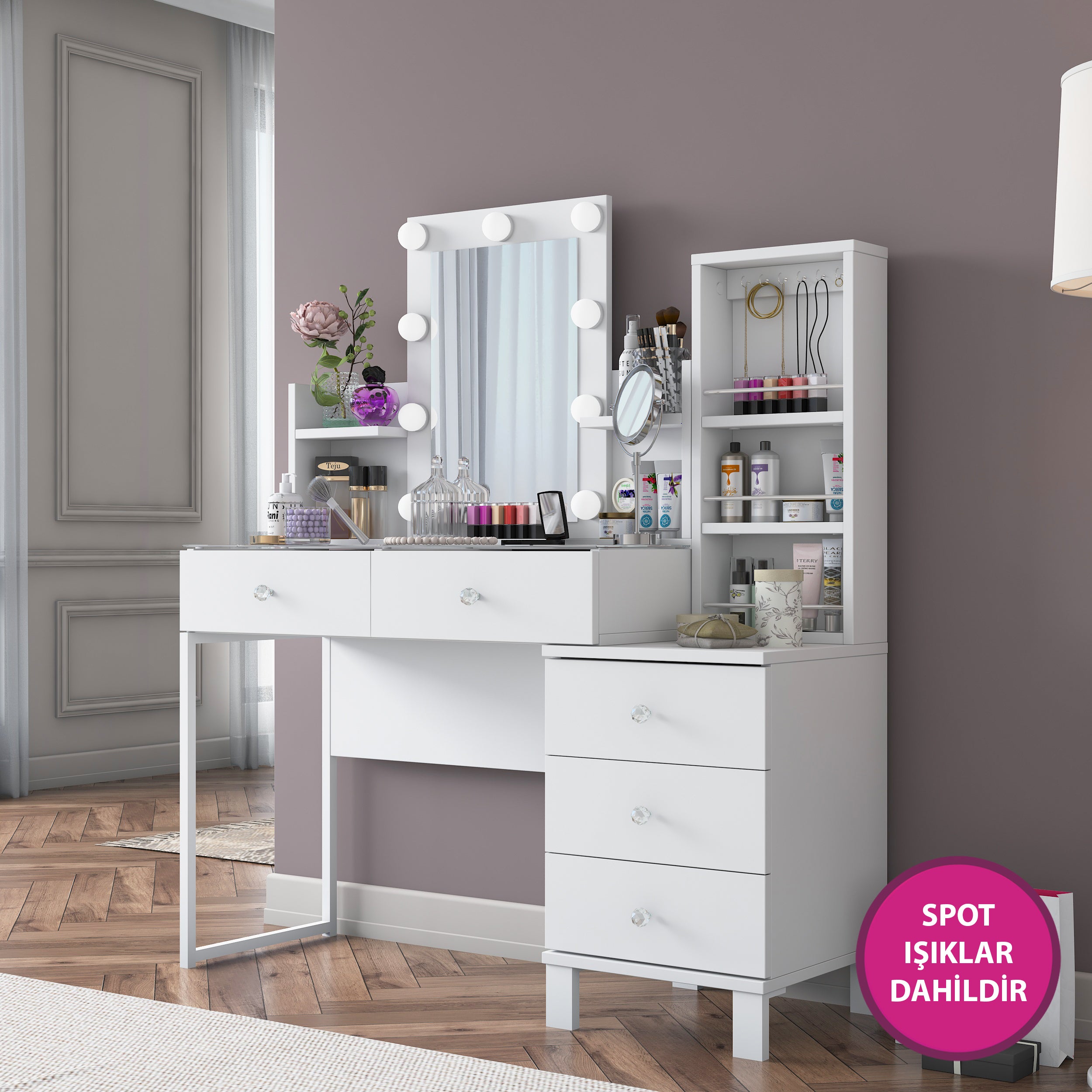 Rani BJ153 Hollywood Işıklı Aynalı Kulis Makyaj Masası Cam Tablalı 5 Çekmeceli Takı Düzenleyici Beyaz