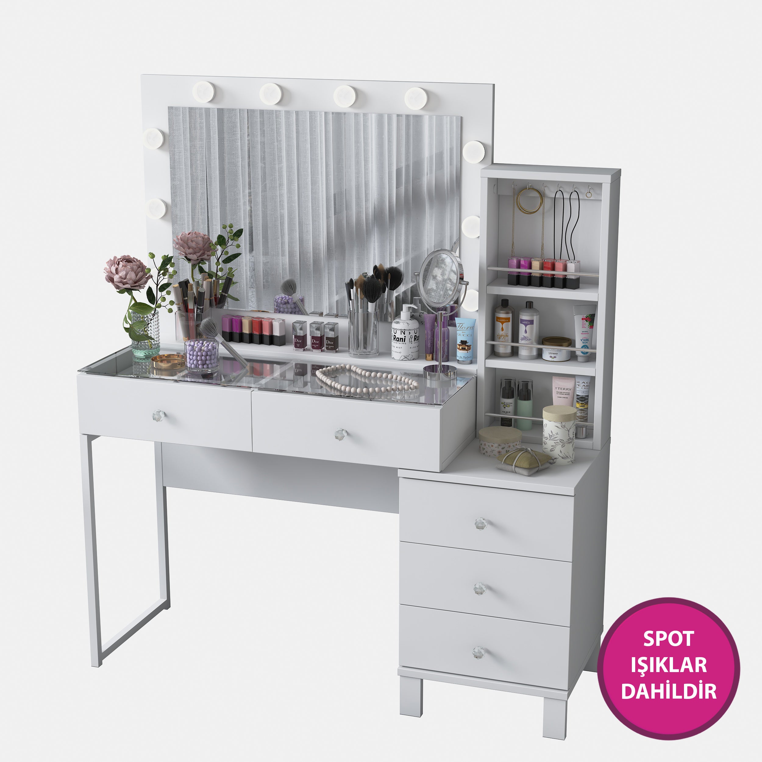 Rani BJ151 Hollywood Işıklı Aynalı Kulis Makyaj Masası Cam Tablalı 5 Çekmeceli Takı Düzenleyici Beyaz