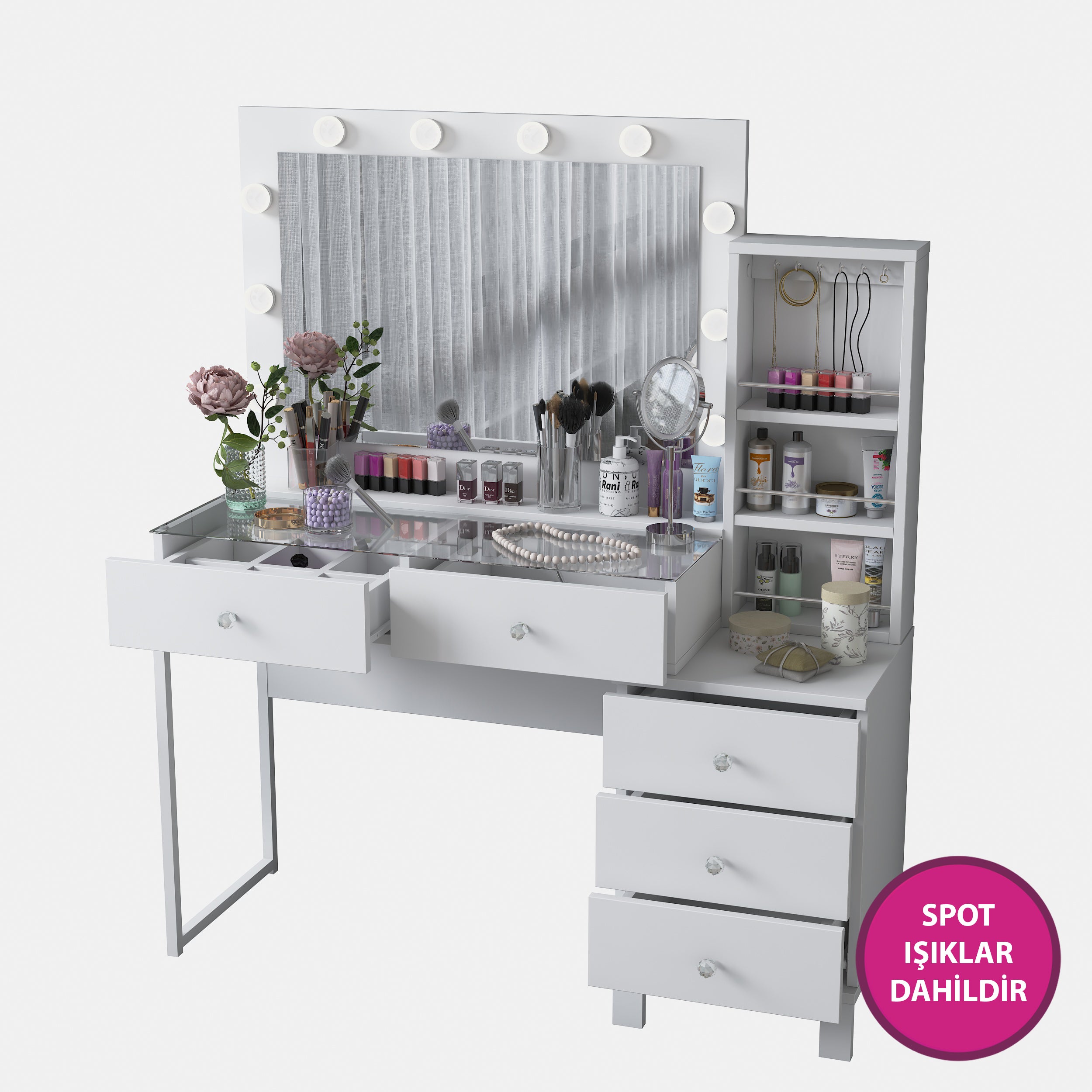 Rani BJ151 Hollywood Işıklı Aynalı Kulis Makyaj Masası Cam Tablalı 5 Çekmeceli Takı Düzenleyici Beyaz