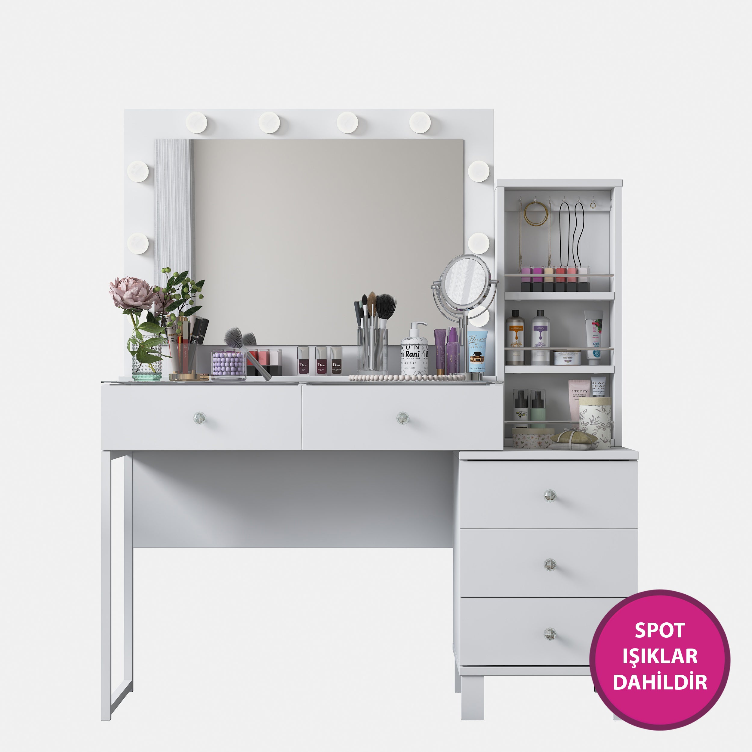 Rani BJ151 Hollywood Işıklı Aynalı Kulis Makyaj Masası Cam Tablalı 5 Çekmeceli Takı Düzenleyici Beyaz