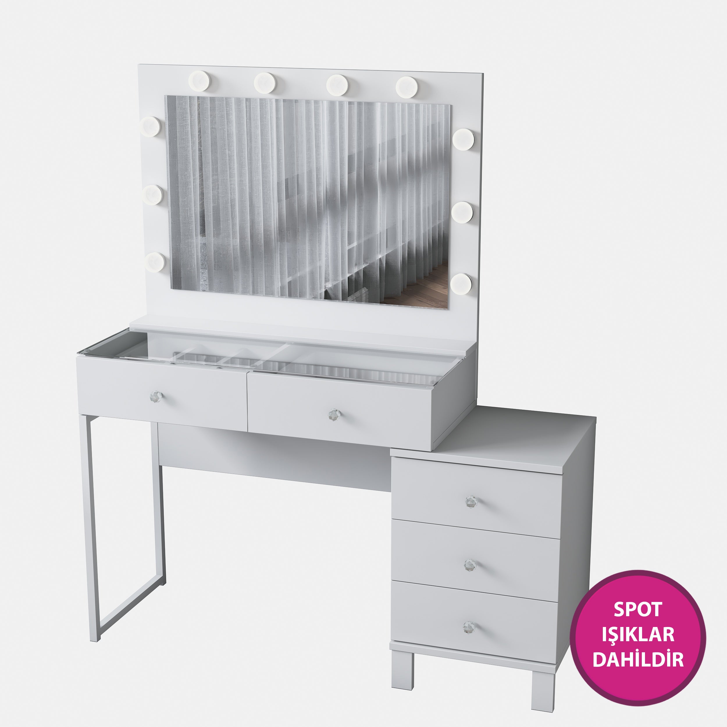 Rani BJ151 Hollywood Işıklı Aynalı Kulis Makyaj Masası Cam Tablalı 5 Çekmeceli Takı Düzenleyici Beyaz