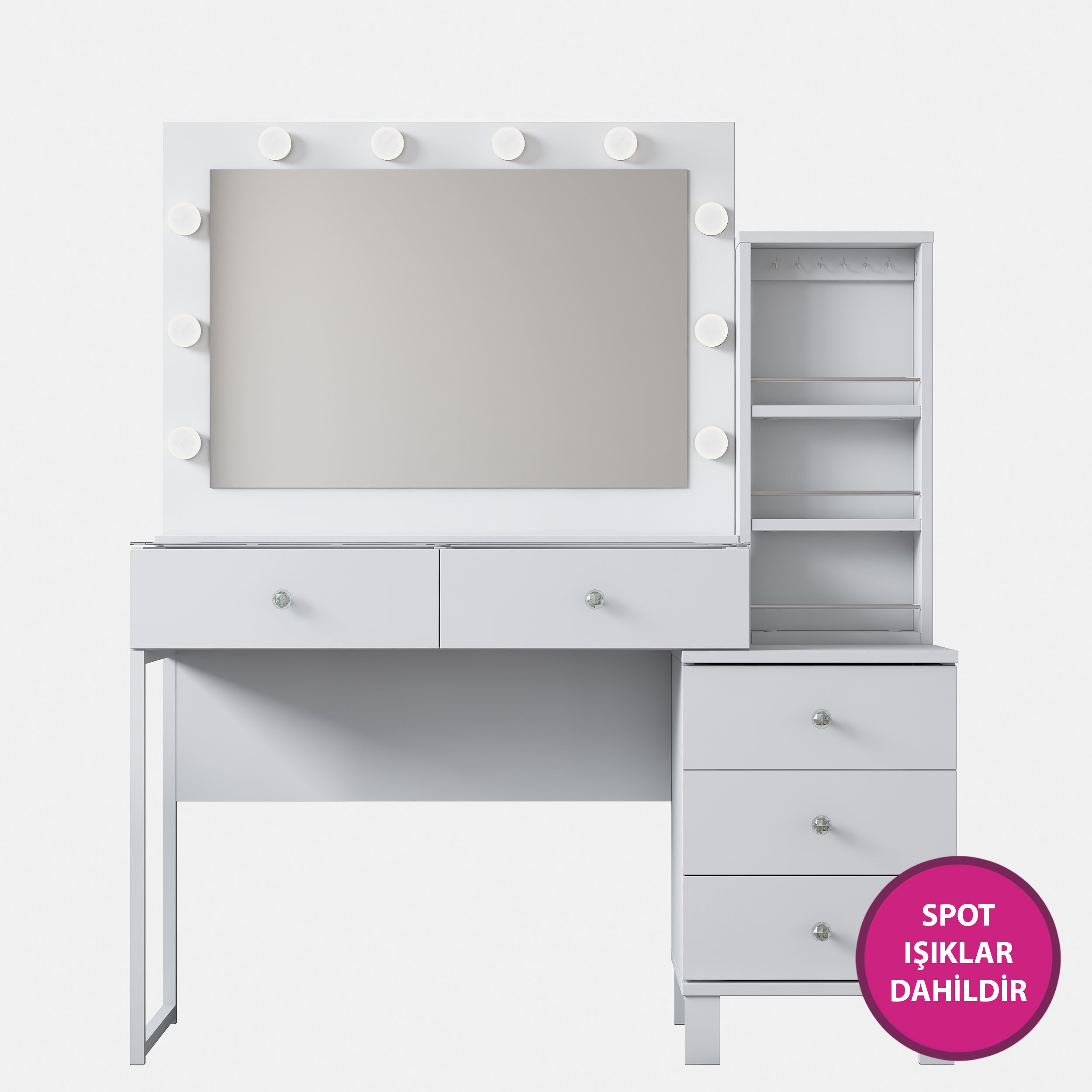 Rani BJ151 Hollywood Işıklı Aynalı Kulis Makyaj Masası Cam Tablalı 5 Çekmeceli Takı Düzenleyici Beyaz