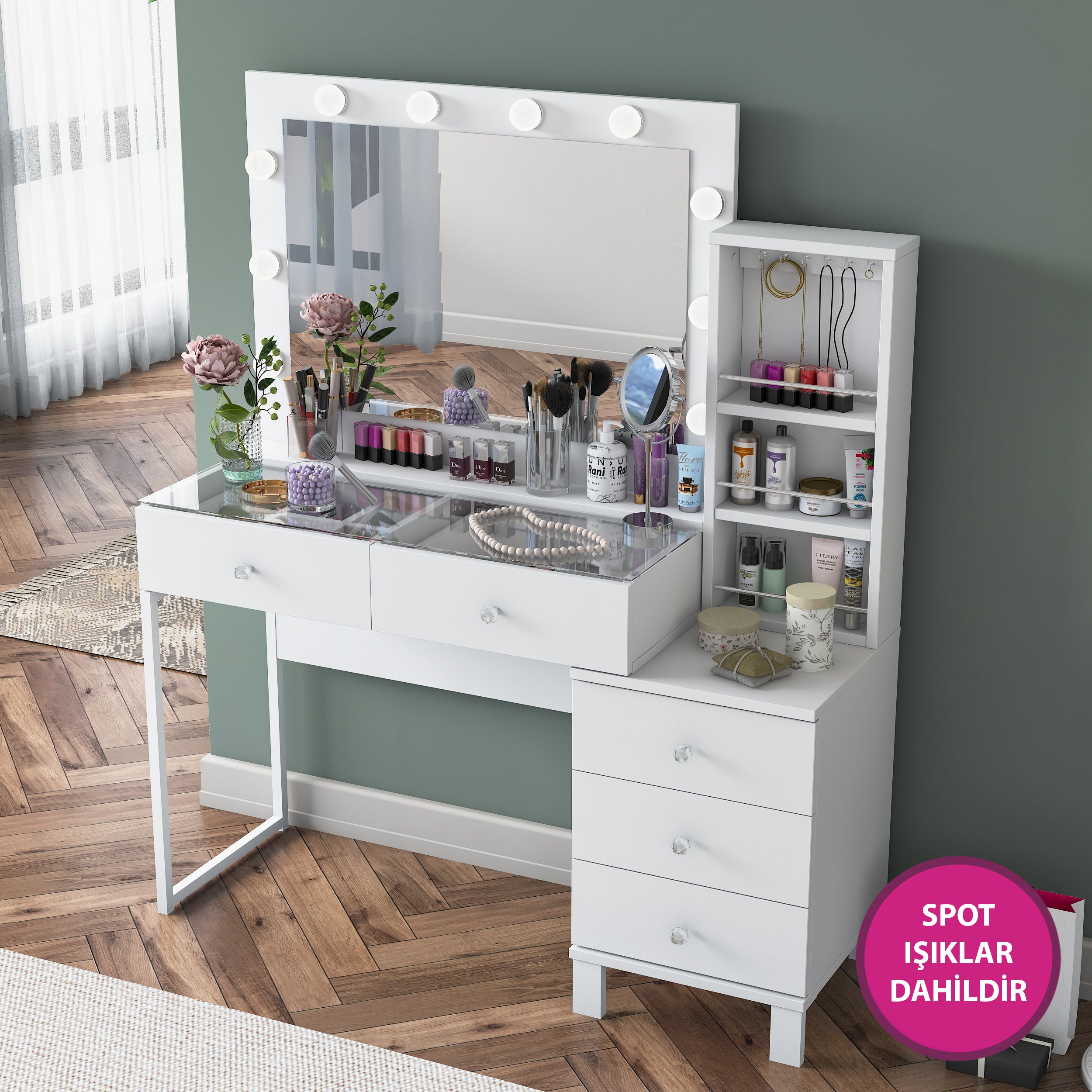 Rani BJ151 Hollywood Işıklı Aynalı Kulis Makyaj Masası Cam Tablalı 5 Çekmeceli Takı Düzenleyici Beyaz