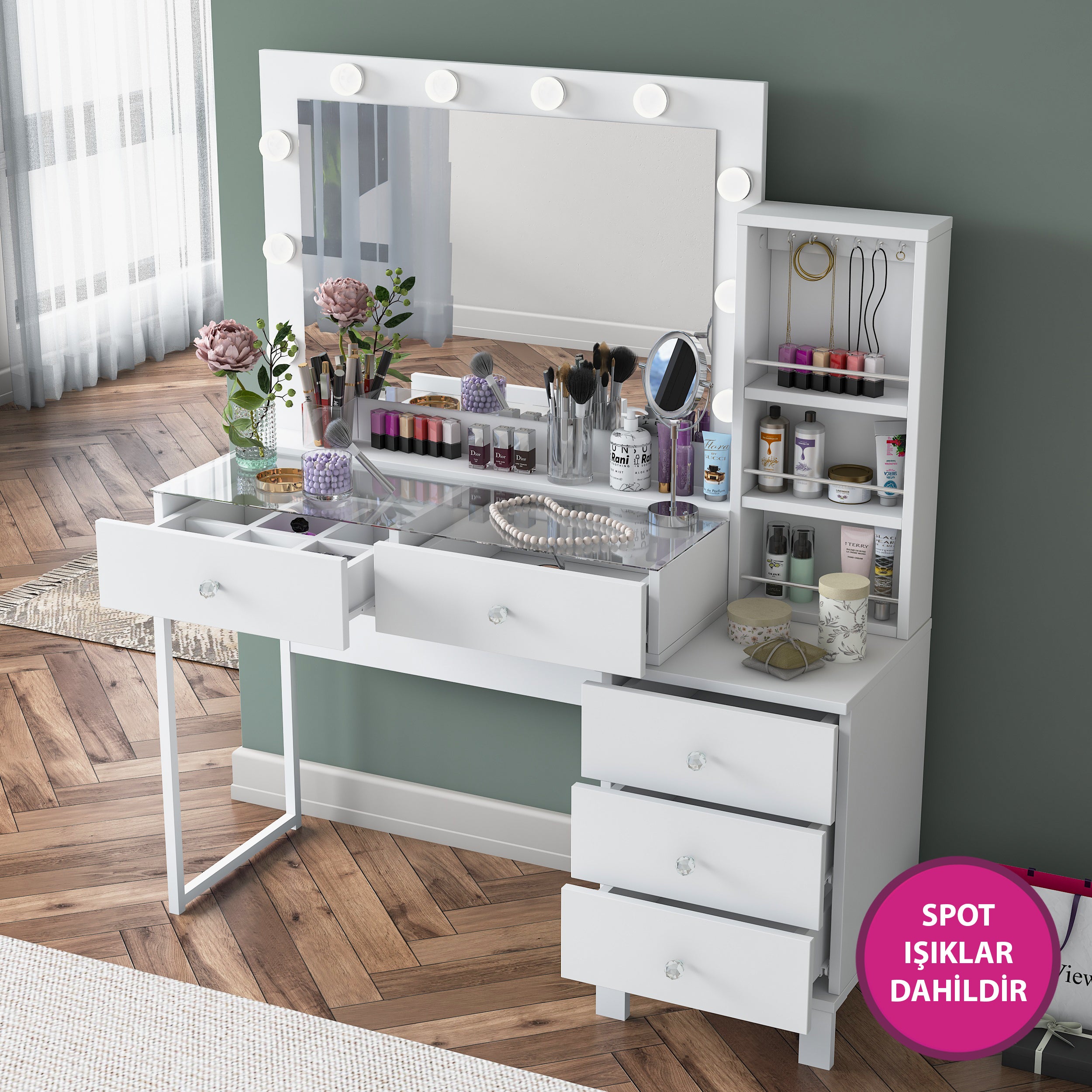 Rani BJ151 Hollywood Işıklı Aynalı Kulis Makyaj Masası Cam Tablalı 5 Çekmeceli Takı Düzenleyici Beyaz