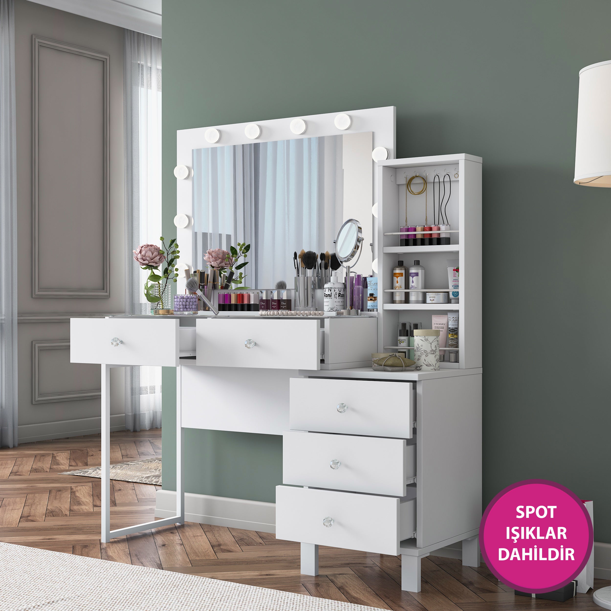 Rani BJ151 Hollywood Işıklı Aynalı Kulis Makyaj Masası Cam Tablalı 5 Çekmeceli Takı Düzenleyici Beyaz
