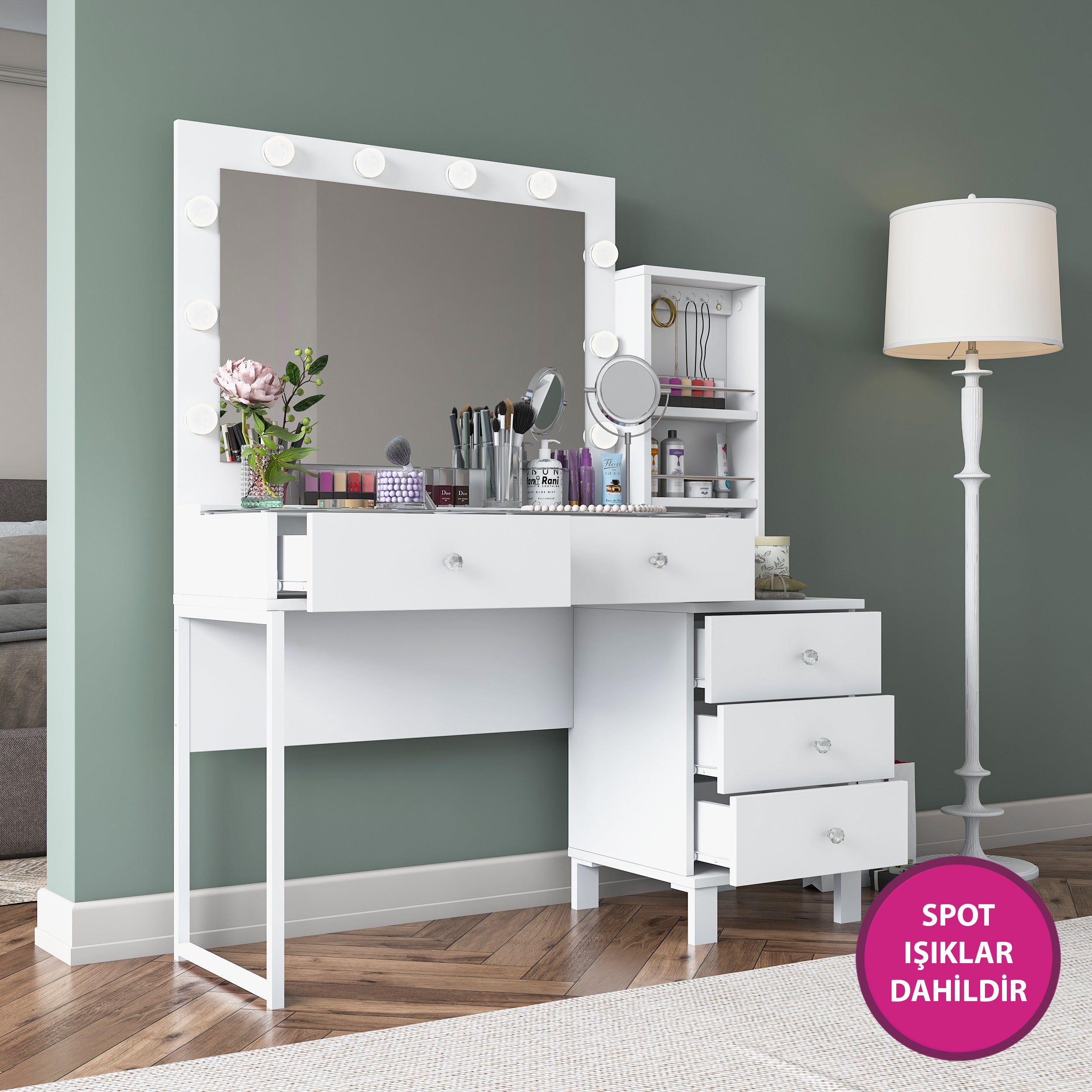 Rani BJ151 Hollywood Işıklı Aynalı Kulis Makyaj Masası Cam Tablalı 5 Çekmeceli Takı Düzenleyici Beyaz