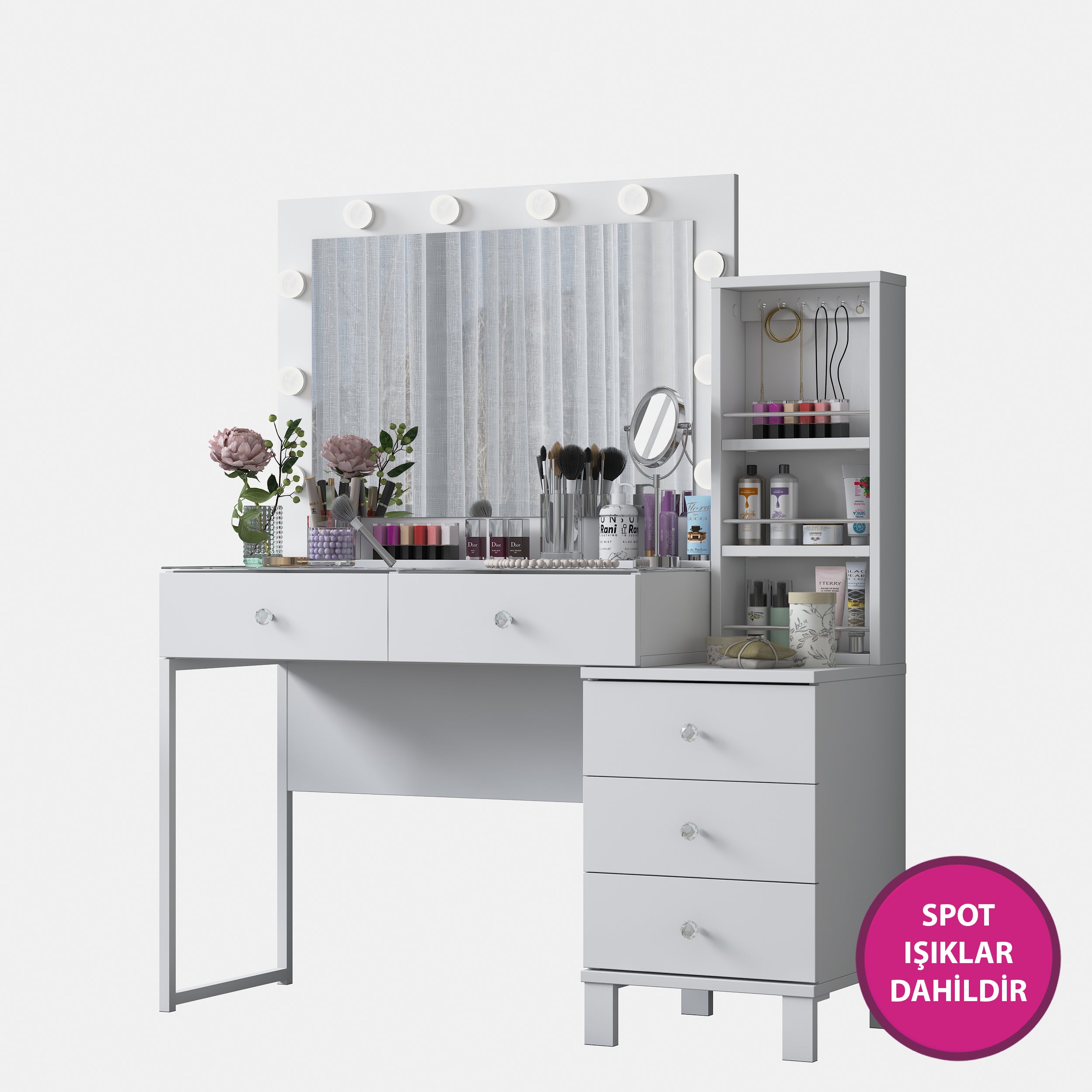 Rani BJ151 Hollywood Işıklı Aynalı Kulis Makyaj Masası Cam Tablalı 5 Çekmeceli Takı Düzenleyici Beyaz