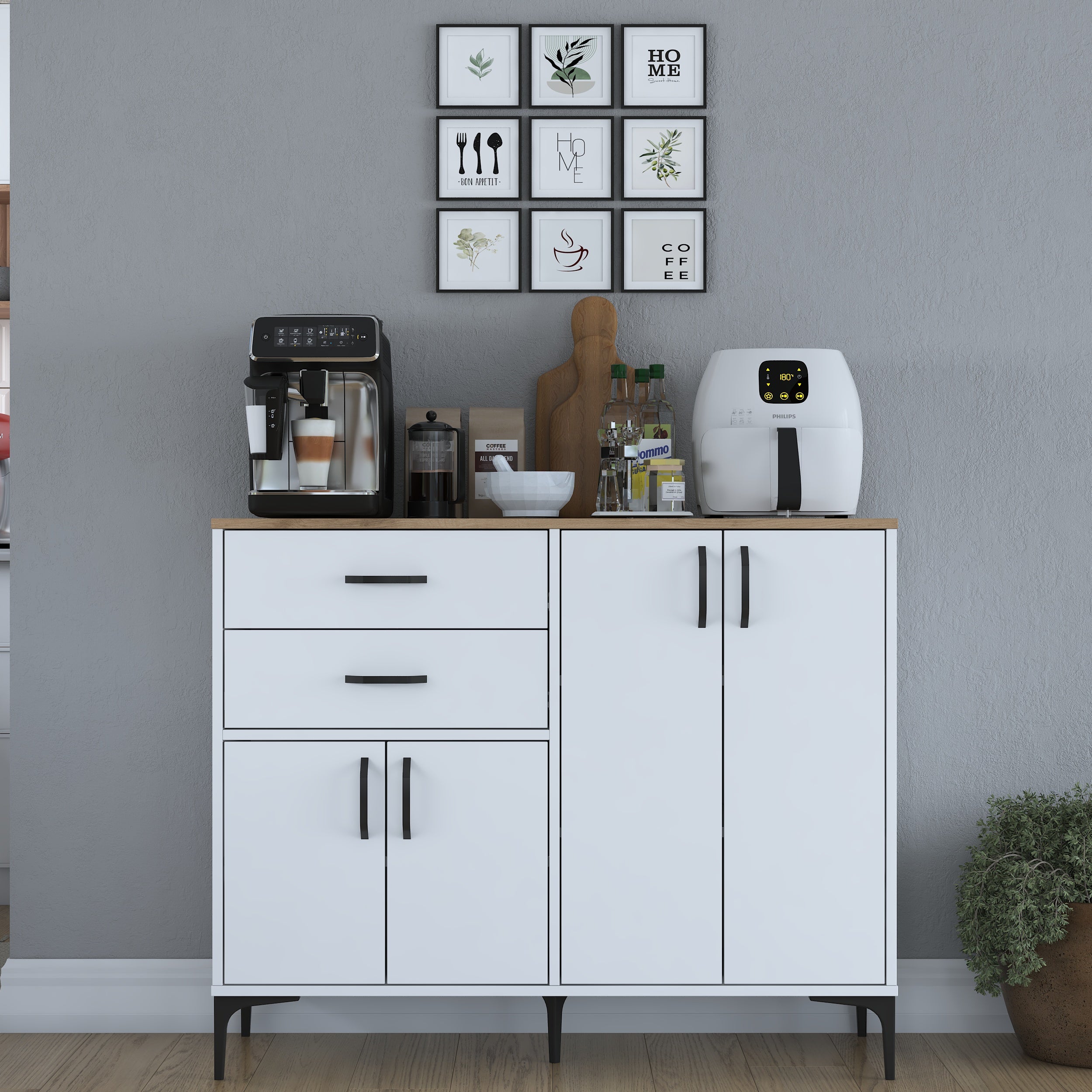 Rani JE210 Çok Amaçlı Dolap, geniş üst yüzeyi ve üst rafı ile kahve makinesi, mikrodalga fırın gibi mutfak aletlerini yerleştirmek için ideal bir alan sunar. Sepet ceviz detaylarıyla şıklık katar.