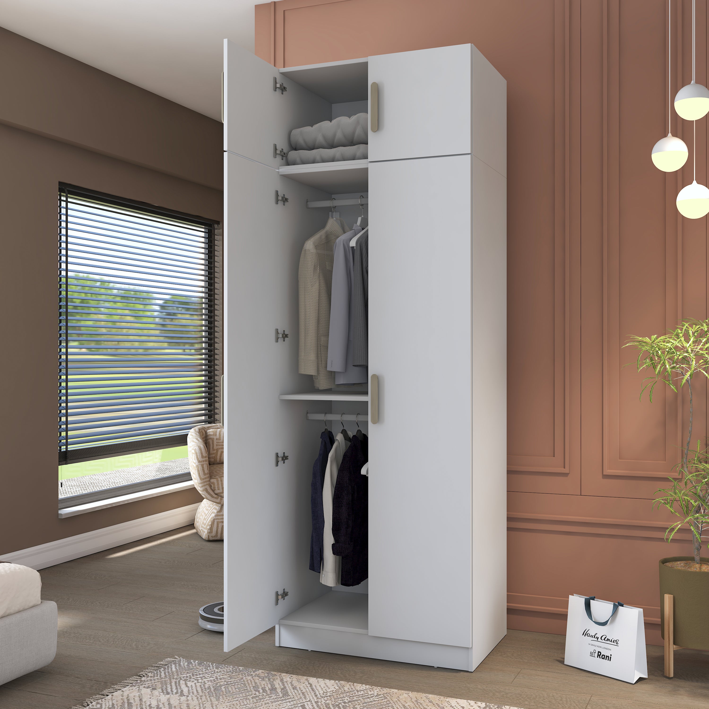 Rani BA209 Gardırop 4 Kapaklı Raflı 2 Askılı Elbise Dolabı Beyaz