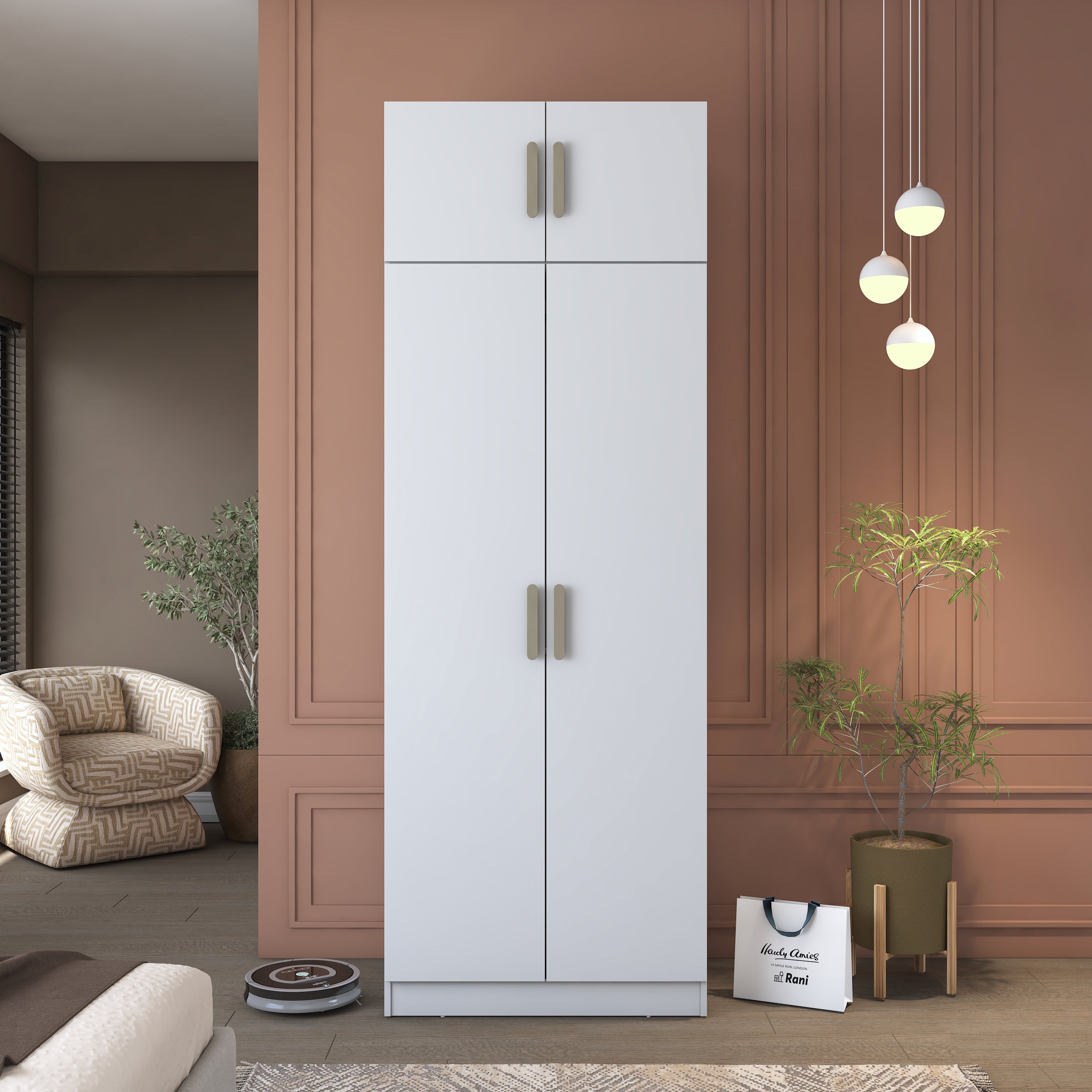 Rani BA209 Gardırop 4 Kapaklı Raflı 2 Askılı Elbise Dolabı Beyaz