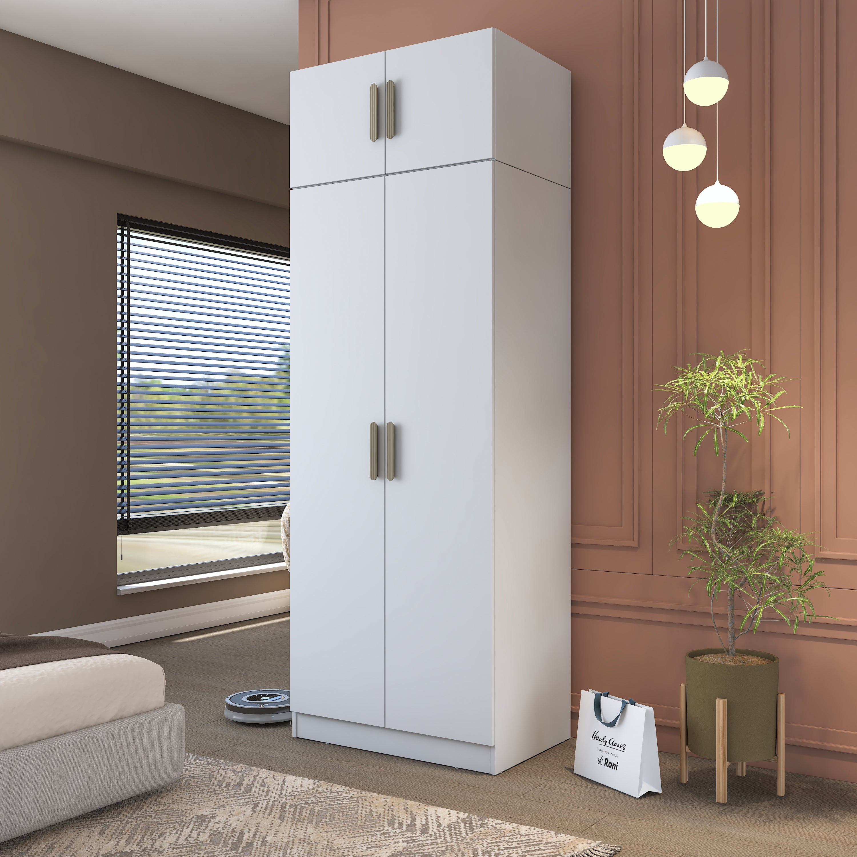 Rani BA209 Gardırop 4 Kapaklı Raflı 2 Askılı Elbise Dolabı Beyaz