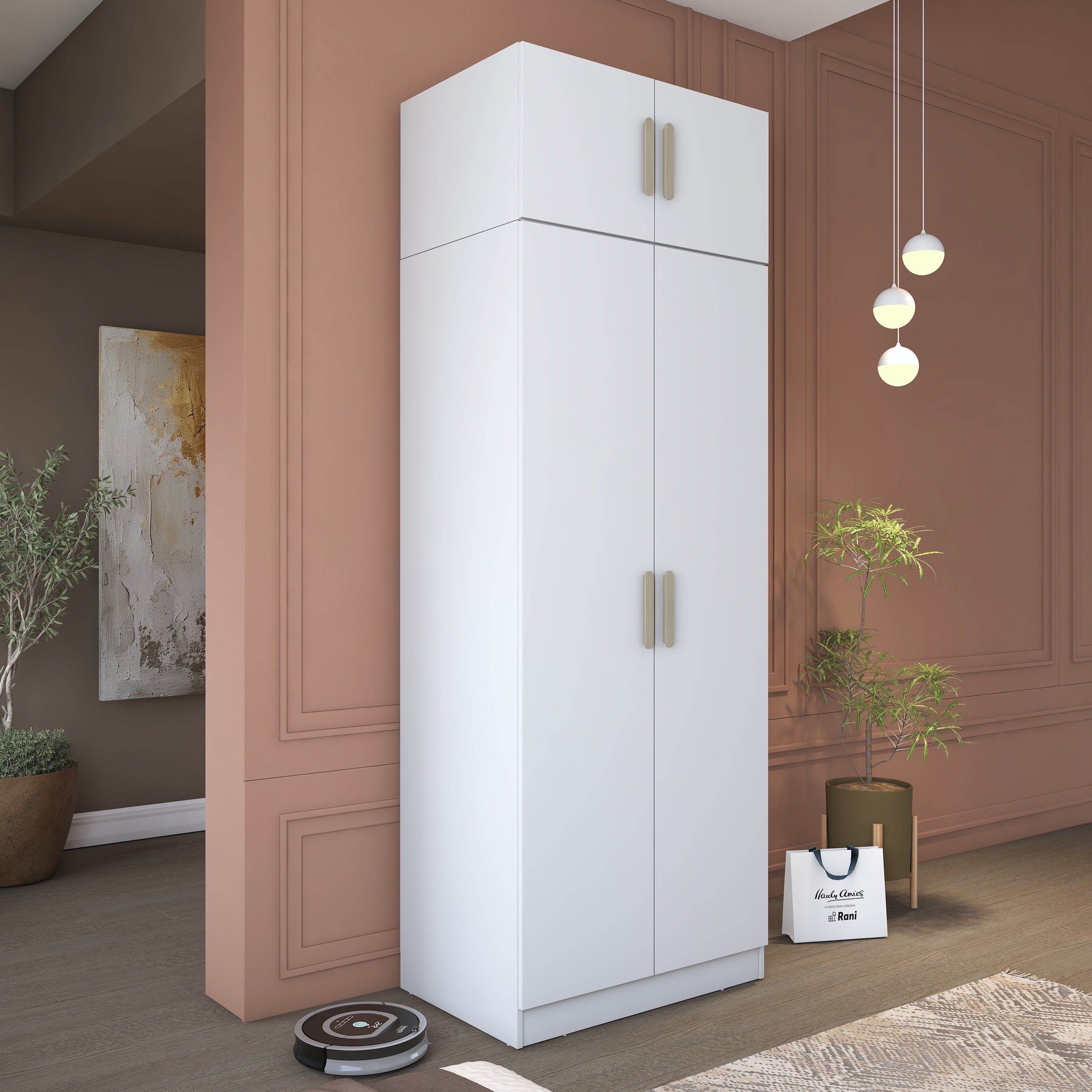 Rani BA209 Gardırop 4 Kapaklı Raflı 2 Askılı Elbise Dolabı Beyaz