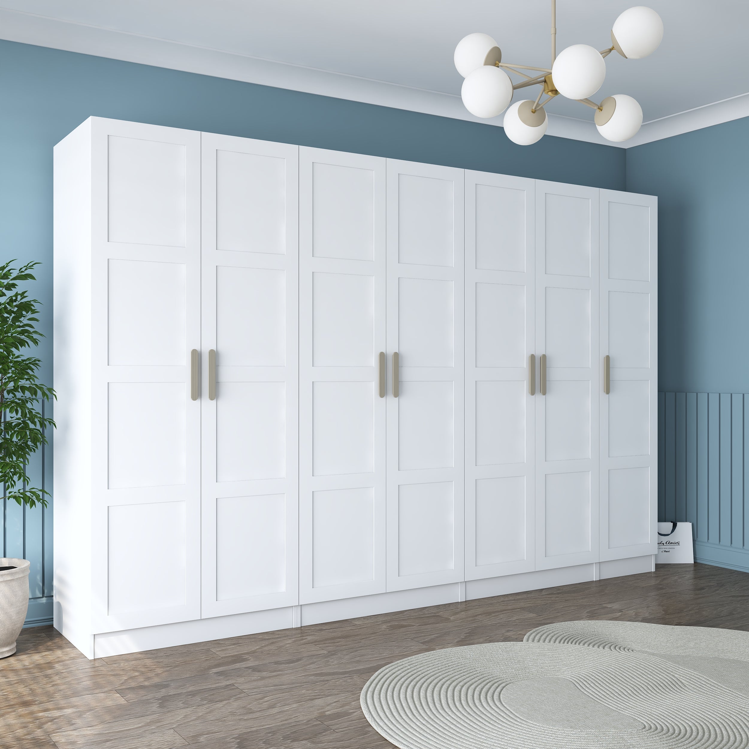 Rani BA193 Membran Kapaklı Gardırop 12 Raflı 3 Askılı 7 Kapaklı Elbise Dolabı Beyaz