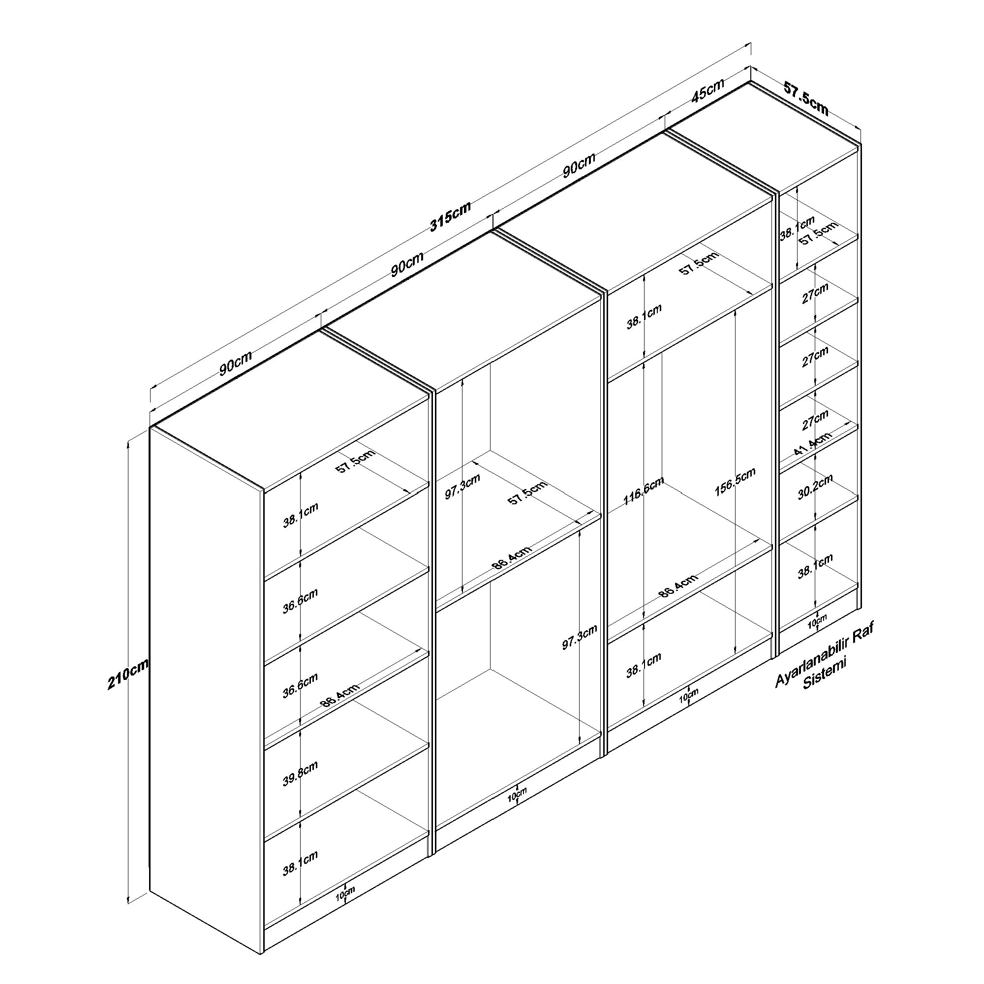 Rani BA193 Membran Kapaklı Gardırop 12 Raflı 3 Askılı 7 Kapaklı Elbise Dolabı Beyaz