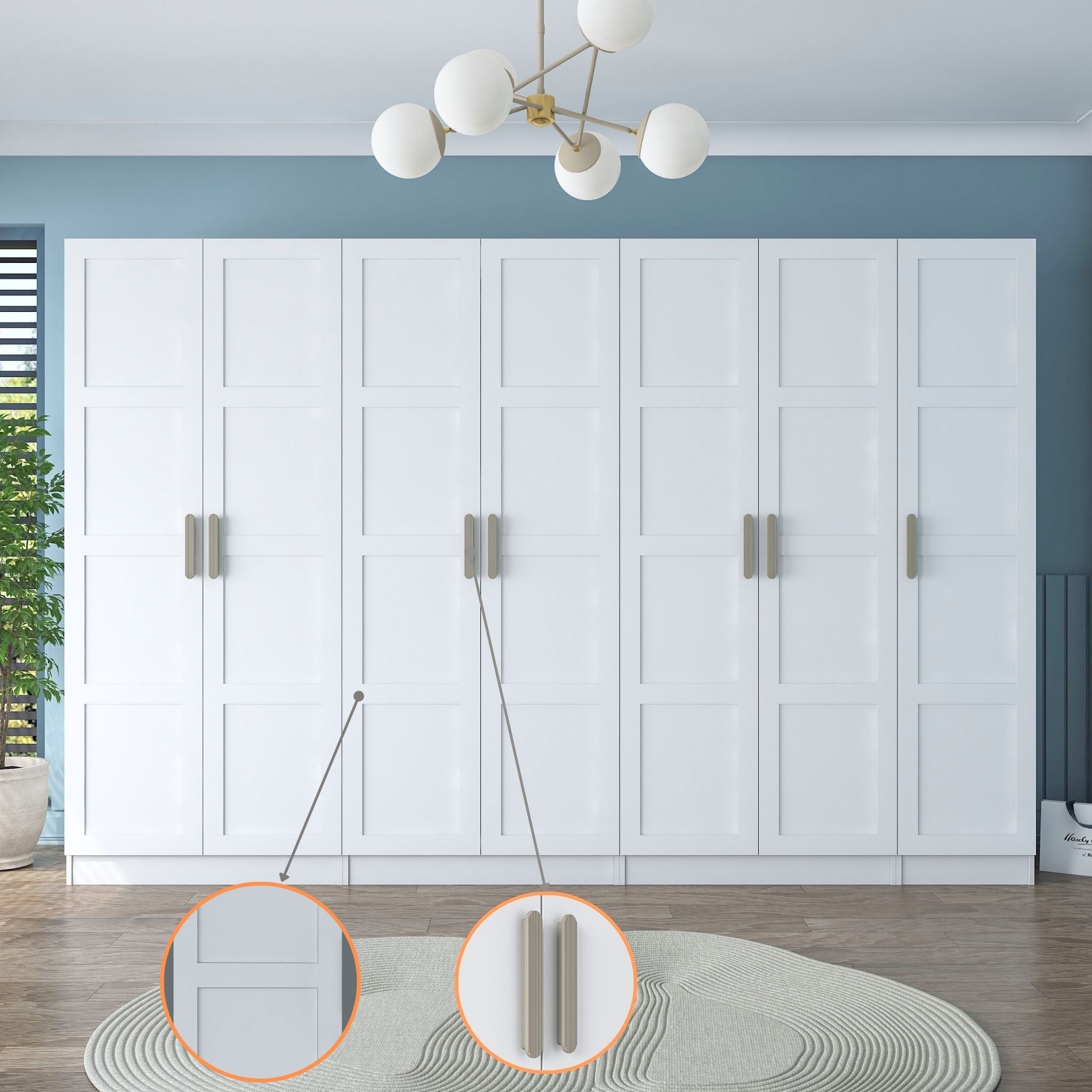 Rani BA193 Membran Kapaklı Gardırop 12 Raflı 3 Askılı 7 Kapaklı Elbise Dolabı Beyaz