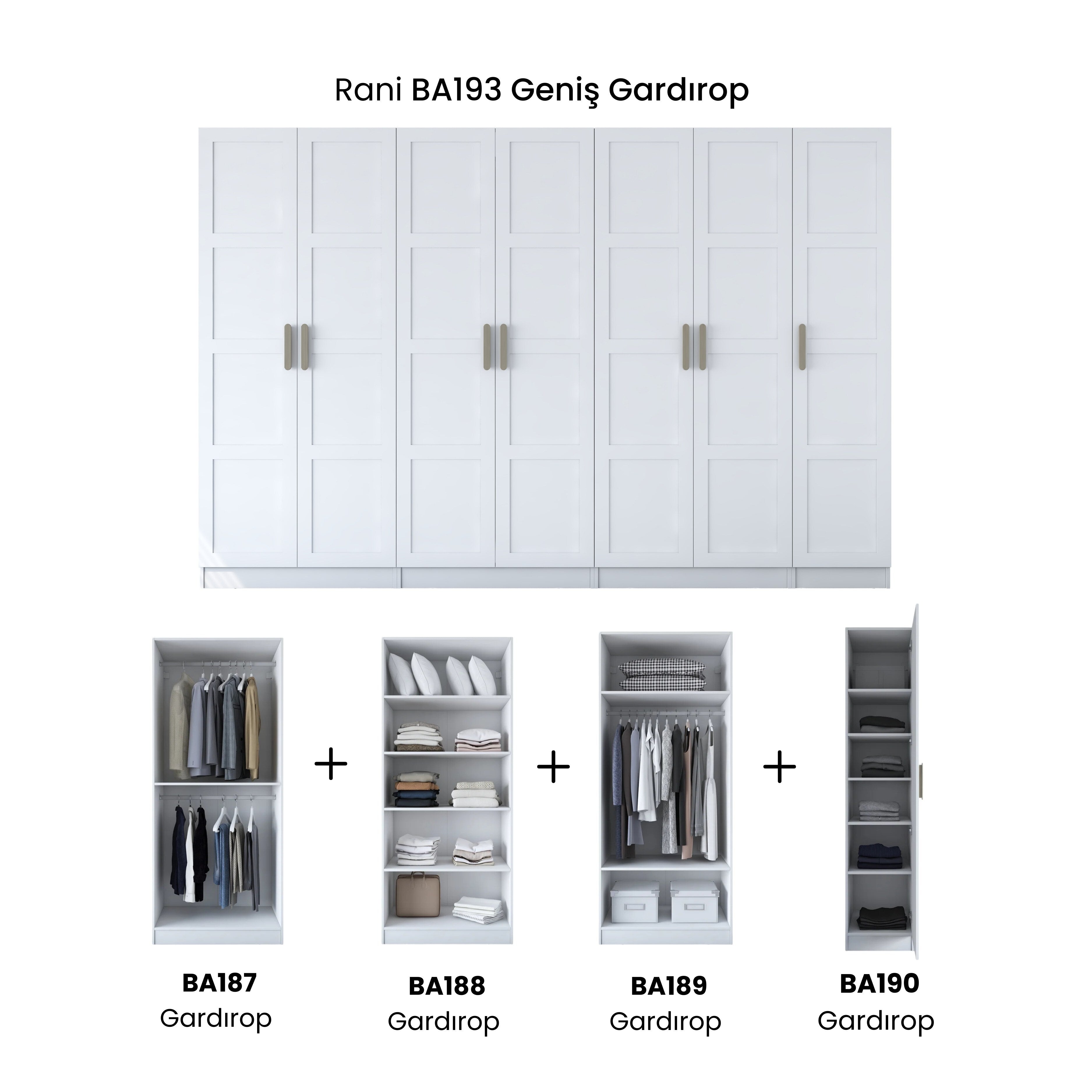 Rani BA193 Membran Kapaklı Gardırop 12 Raflı 3 Askılı 7 Kapaklı Elbise Dolabı Beyaz