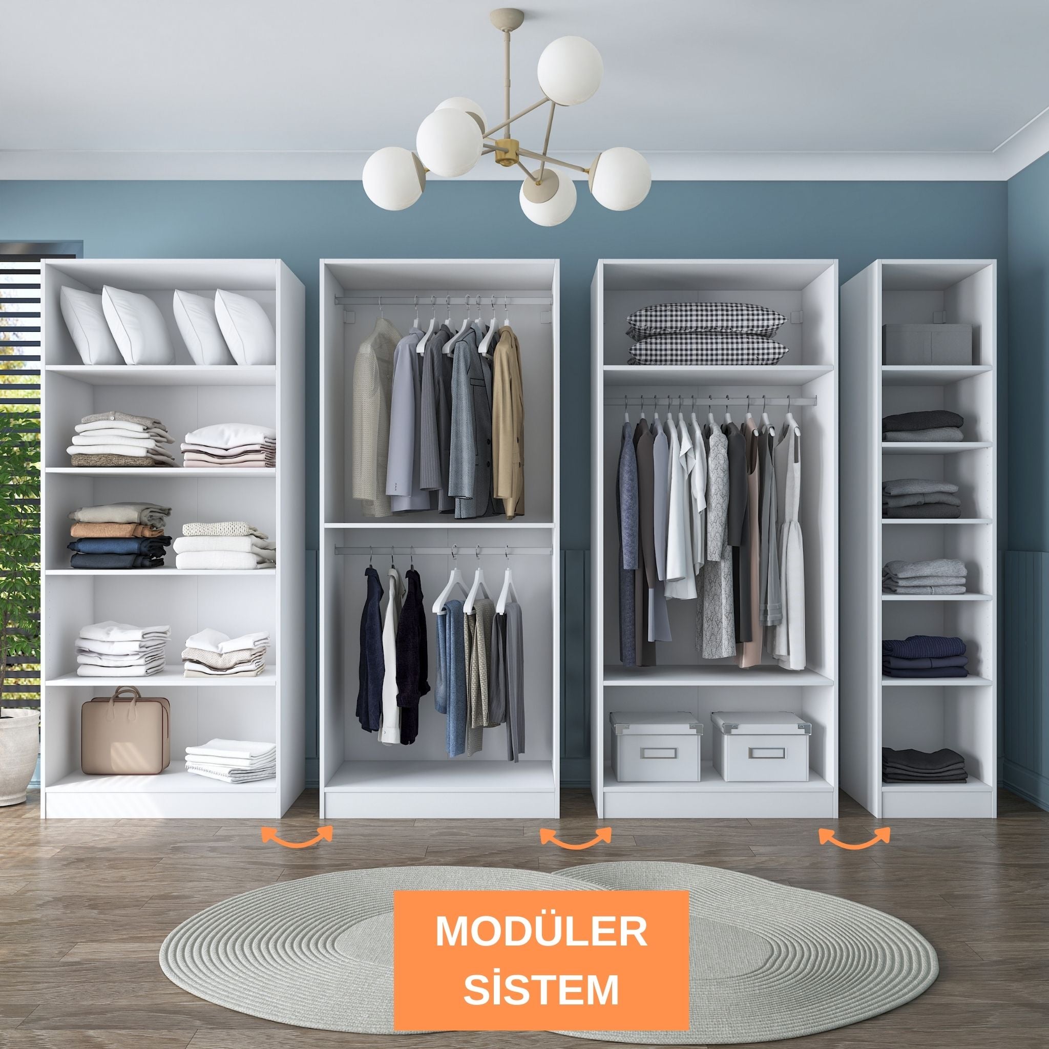 Rani BA193 Membran Kapaklı Gardırop 12 Raflı 3 Askılı 7 Kapaklı Elbise Dolabı Beyaz