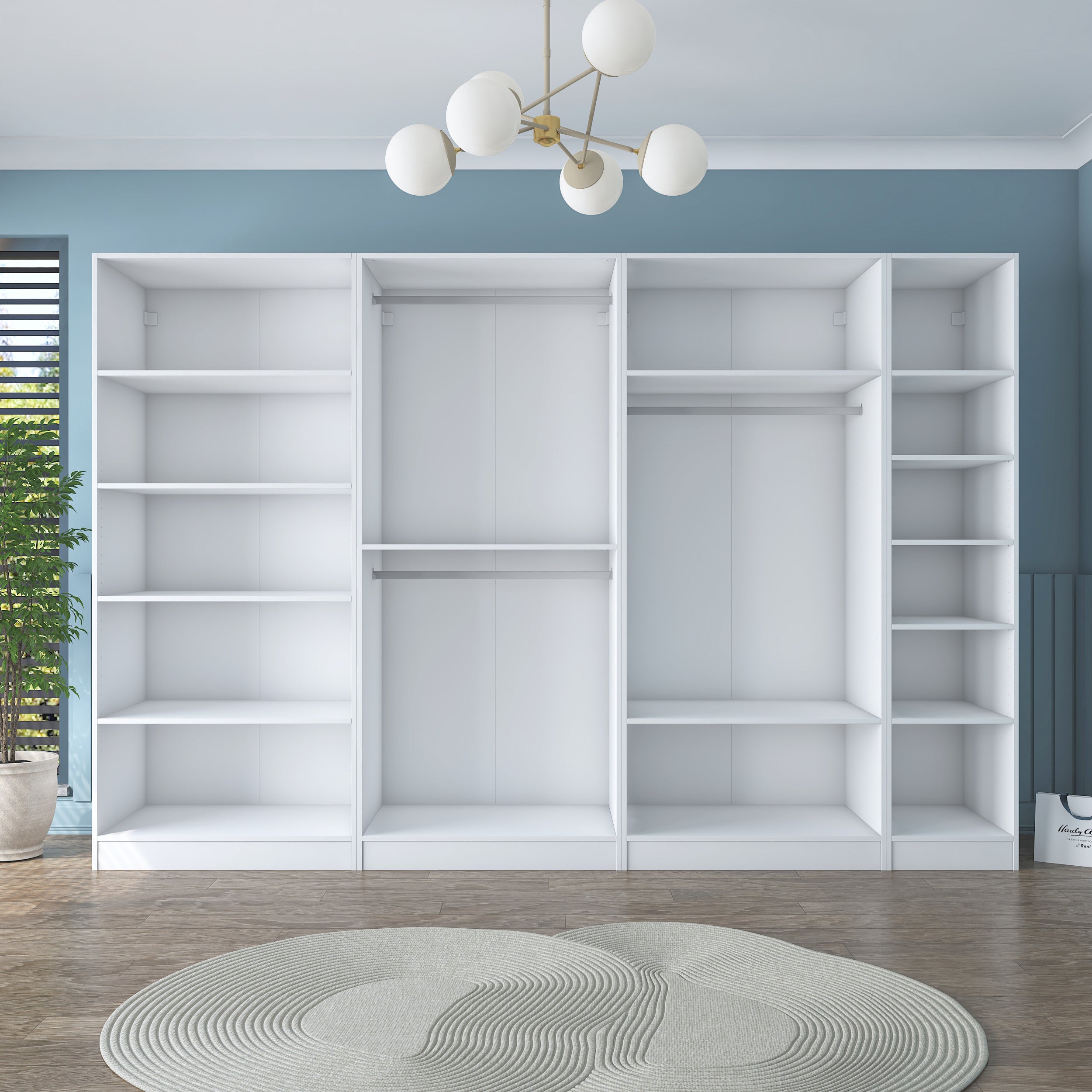 Rani BA193 Membran Kapaklı Gardırop 12 Raflı 3 Askılı 7 Kapaklı Elbise Dolabı Beyaz