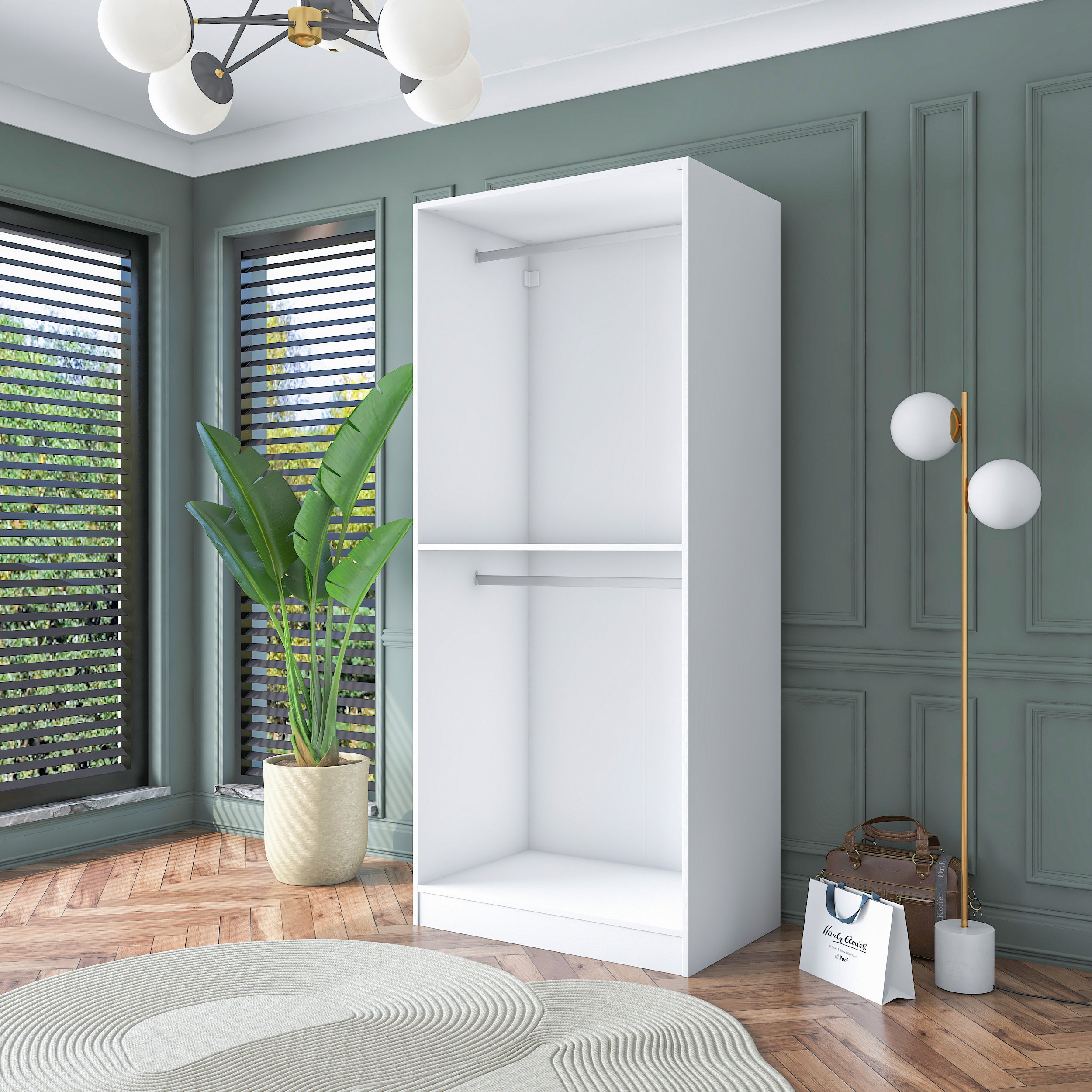 Rani BA179 Membran Kapaklı Gardırop Raflı 2 Askılı 2 Kapaklı Elbise Dolabı Beyaz