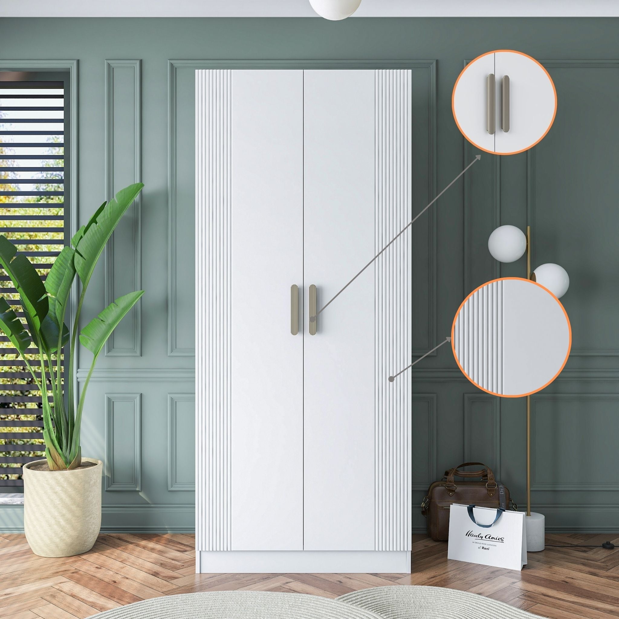 Rani BA179 Membran Kapaklı Gardırop Raflı 2 Askılı 2 Kapaklı Elbise Dolabı Beyaz