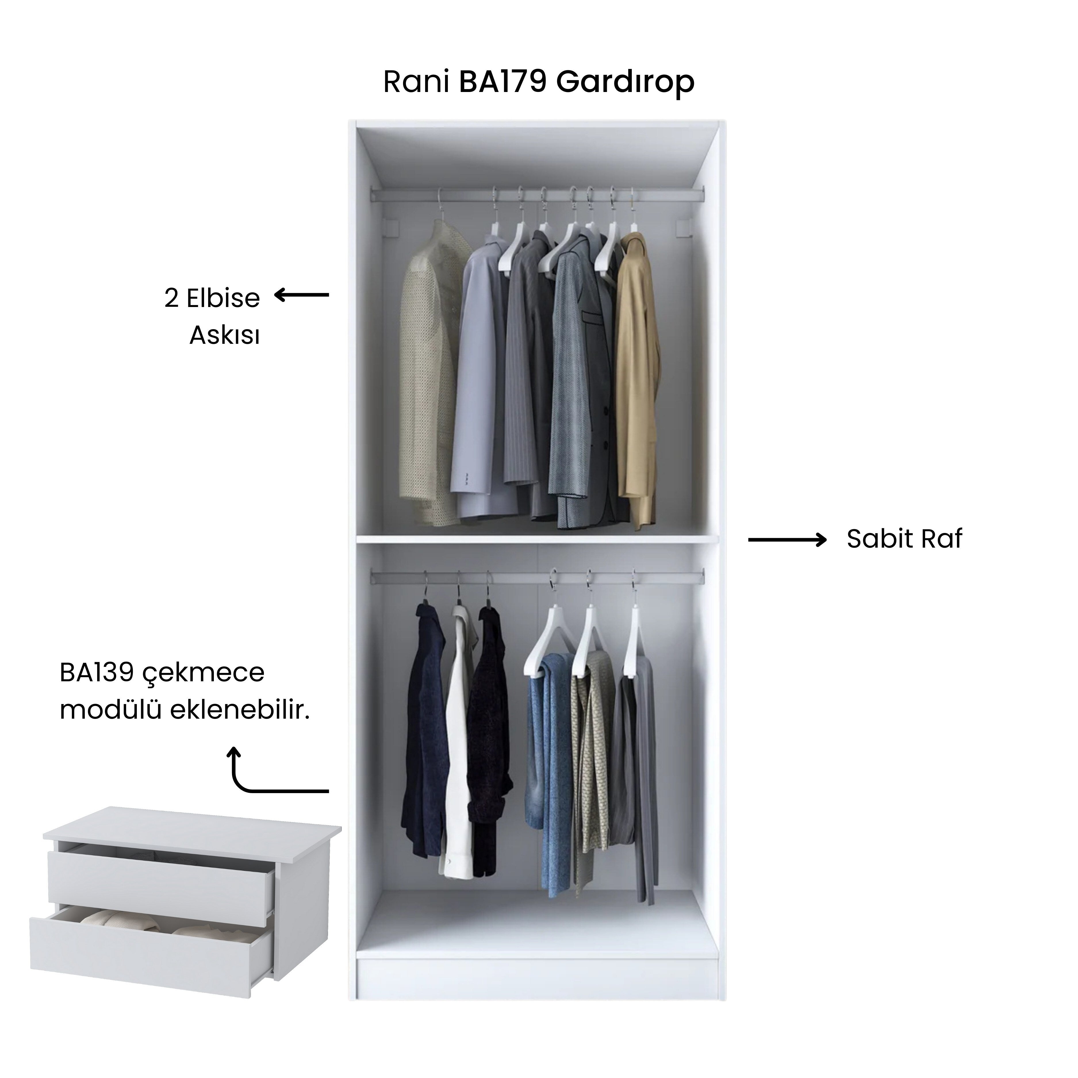 Rani BA179 Membran Kapaklı Gardırop Raflı 2 Askılı 2 Kapaklı Elbise Dolabı Beyaz