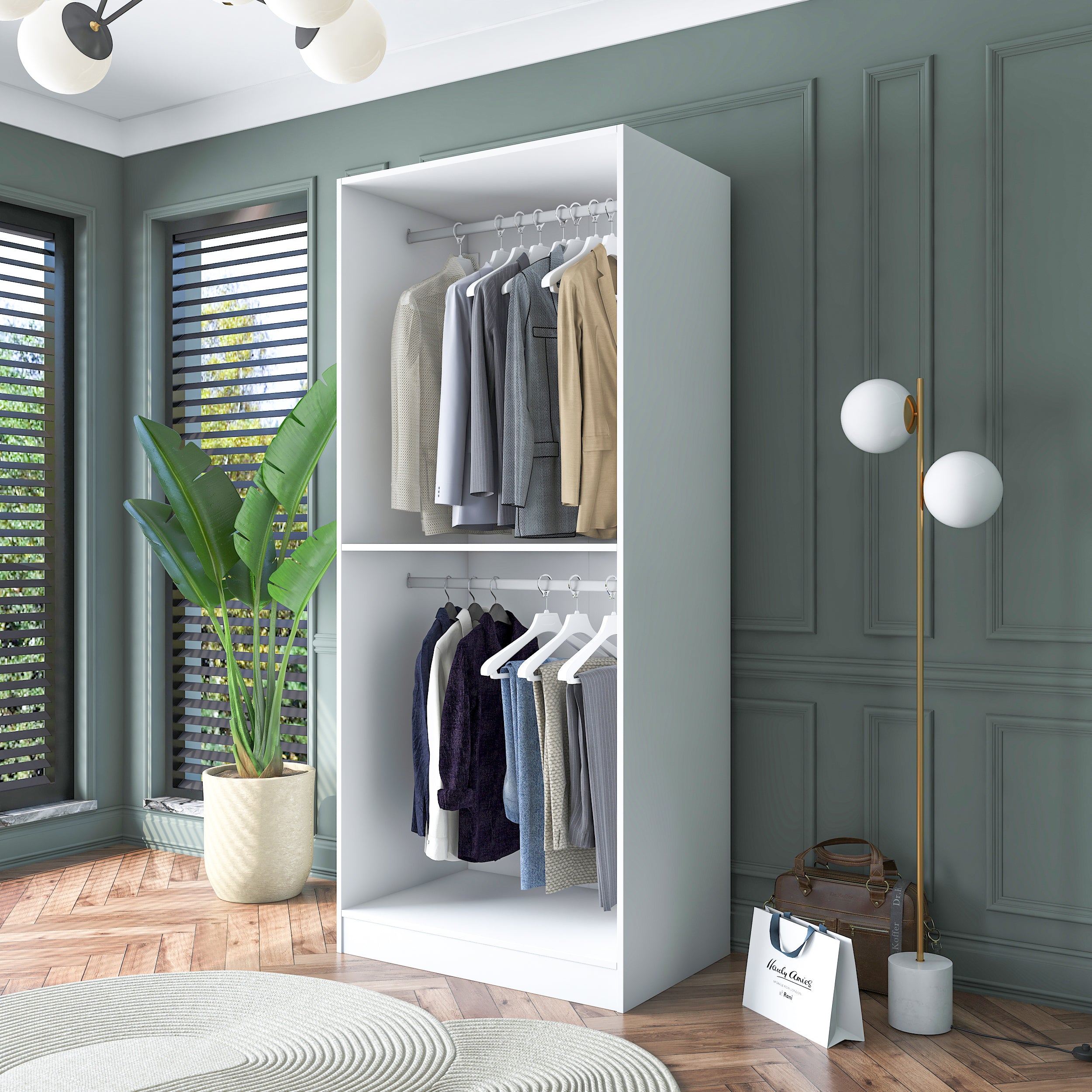 Rani BA179 Membran Kapaklı Gardırop Raflı 2 Askılı 2 Kapaklı Elbise Dolabı Beyaz