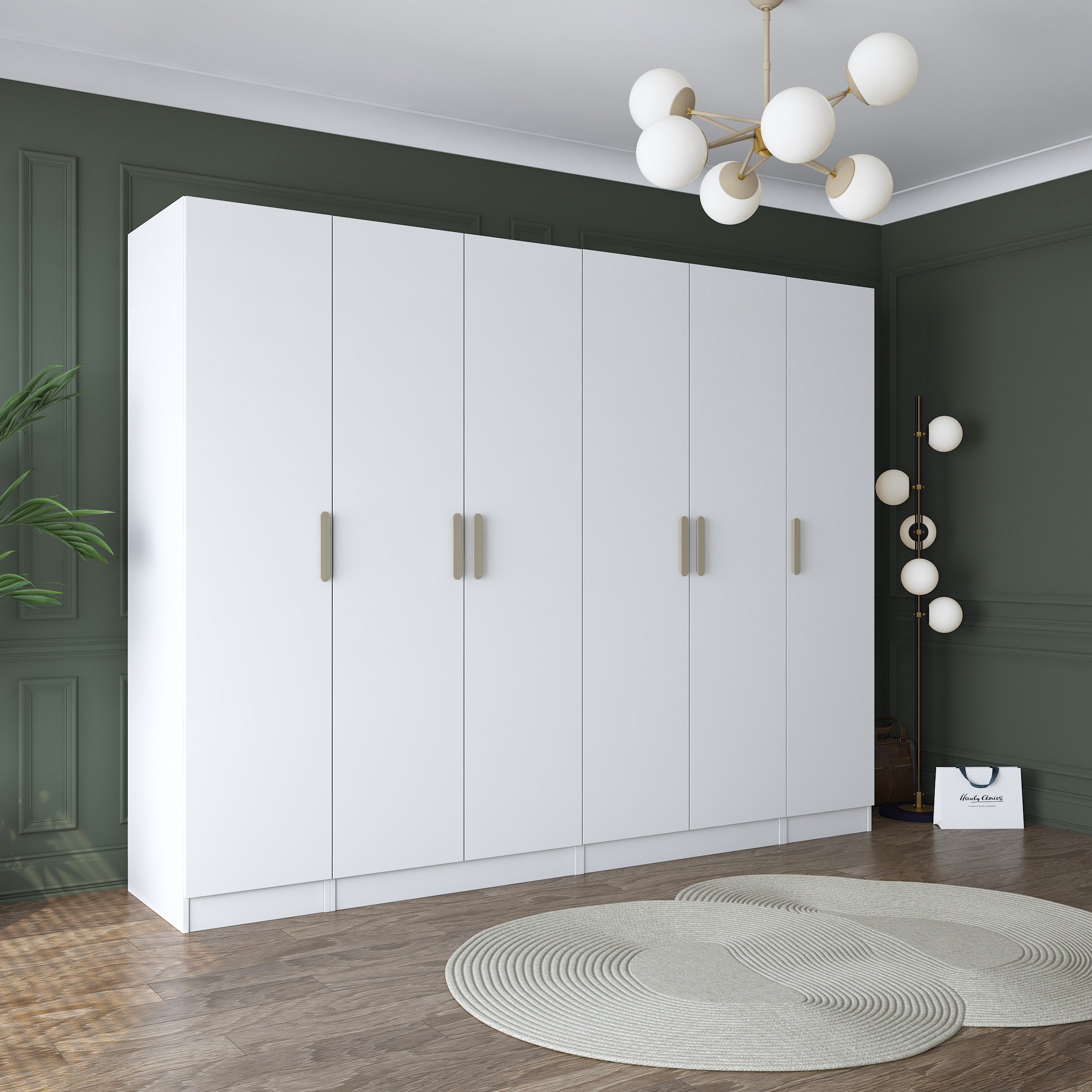 Rani BA157 Geniş Gardırop Elbise Dolabı 6 Kapaklı 14 Raflı 3 Askılı Modüler Dolap Beyaz