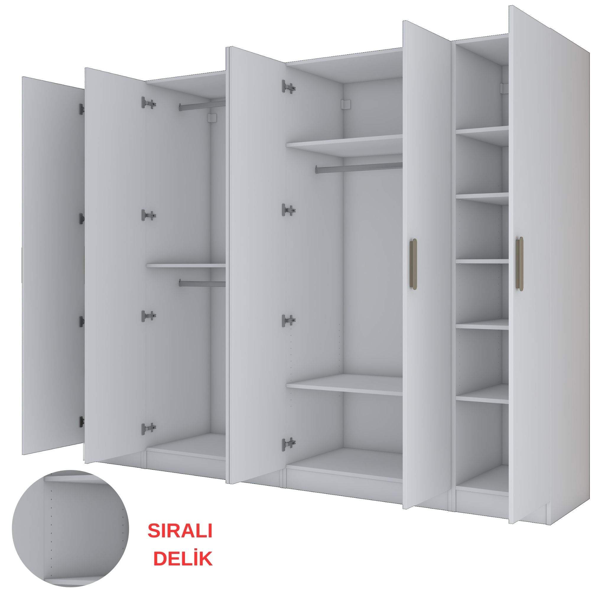 Rani BA157 Geniş Gardırop Elbise Dolabı 6 Kapaklı 14 Raflı 3 Askılı Modüler Dolap Beyaz