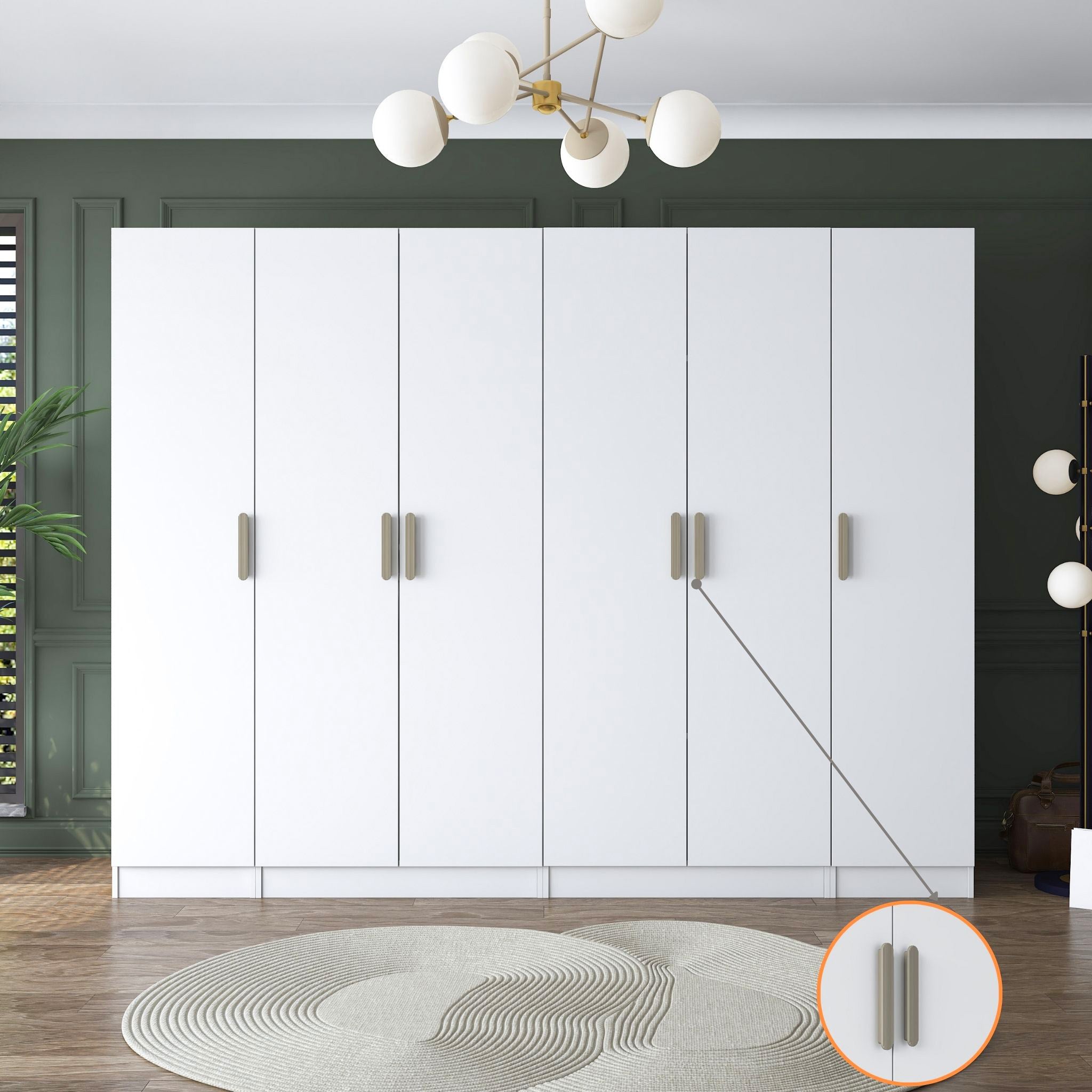 Rani BA157 Geniş Gardırop Elbise Dolabı 6 Kapaklı 14 Raflı 3 Askılı Modüler Dolap Beyaz