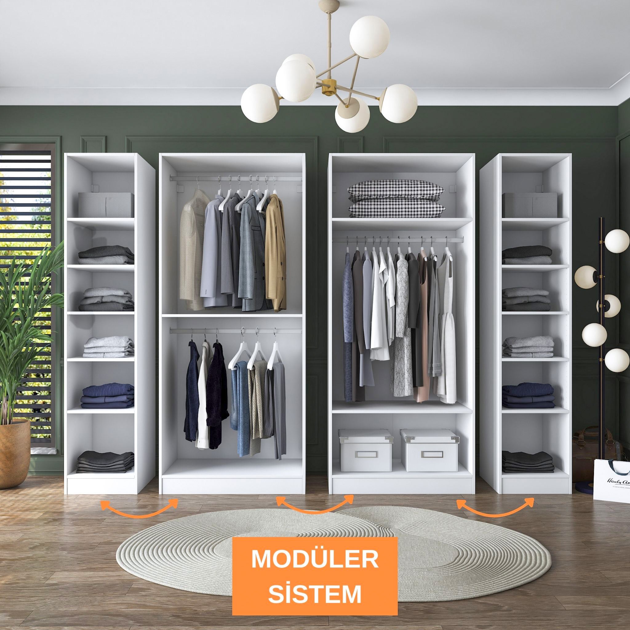Rani BA157 Geniş Gardırop Elbise Dolabı 6 Kapaklı 14 Raflı 3 Askılı Modüler Dolap Beyaz