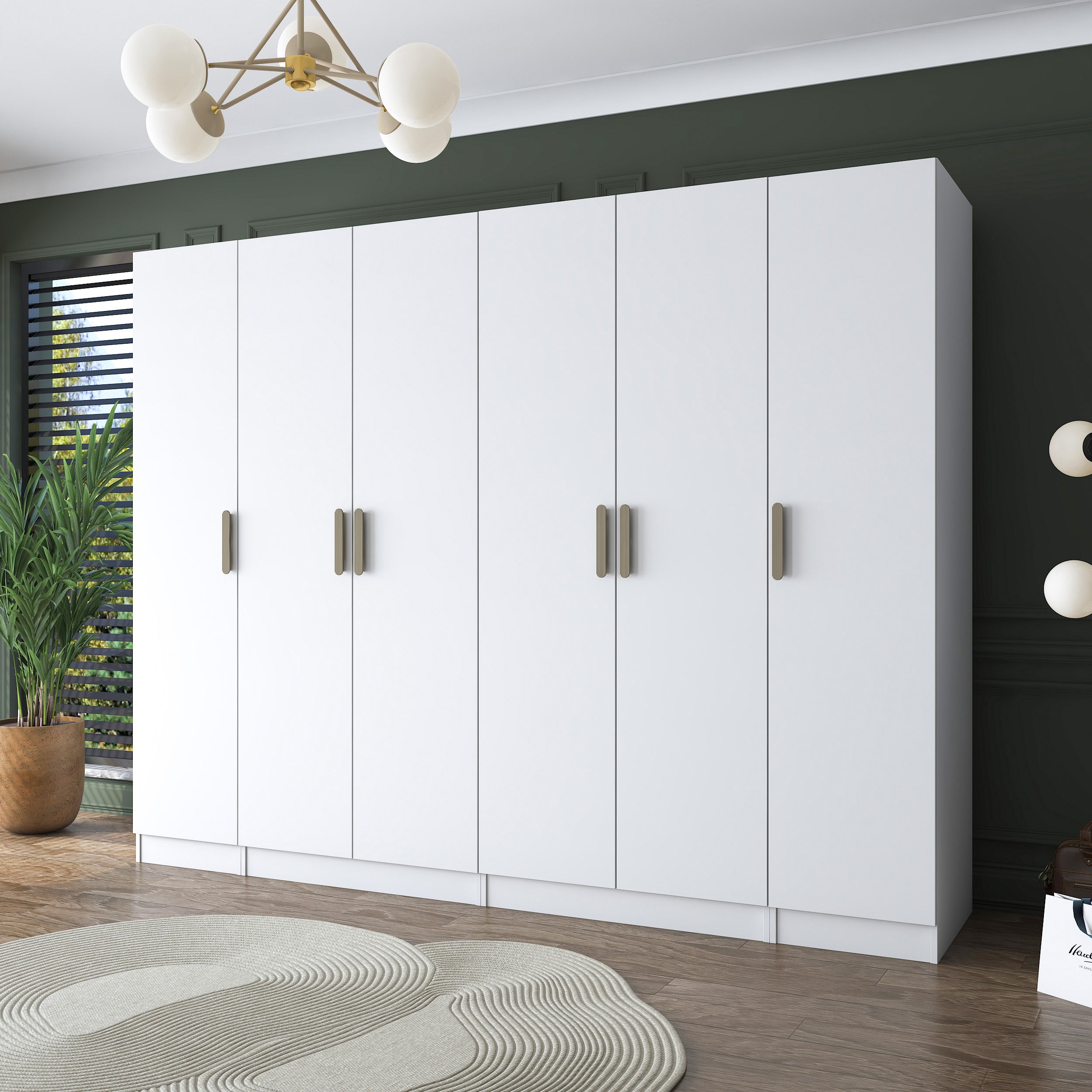 Rani BA157 Geniş Gardırop Elbise Dolabı 6 Kapaklı 14 Raflı 3 Askılı Modüler Dolap Beyaz