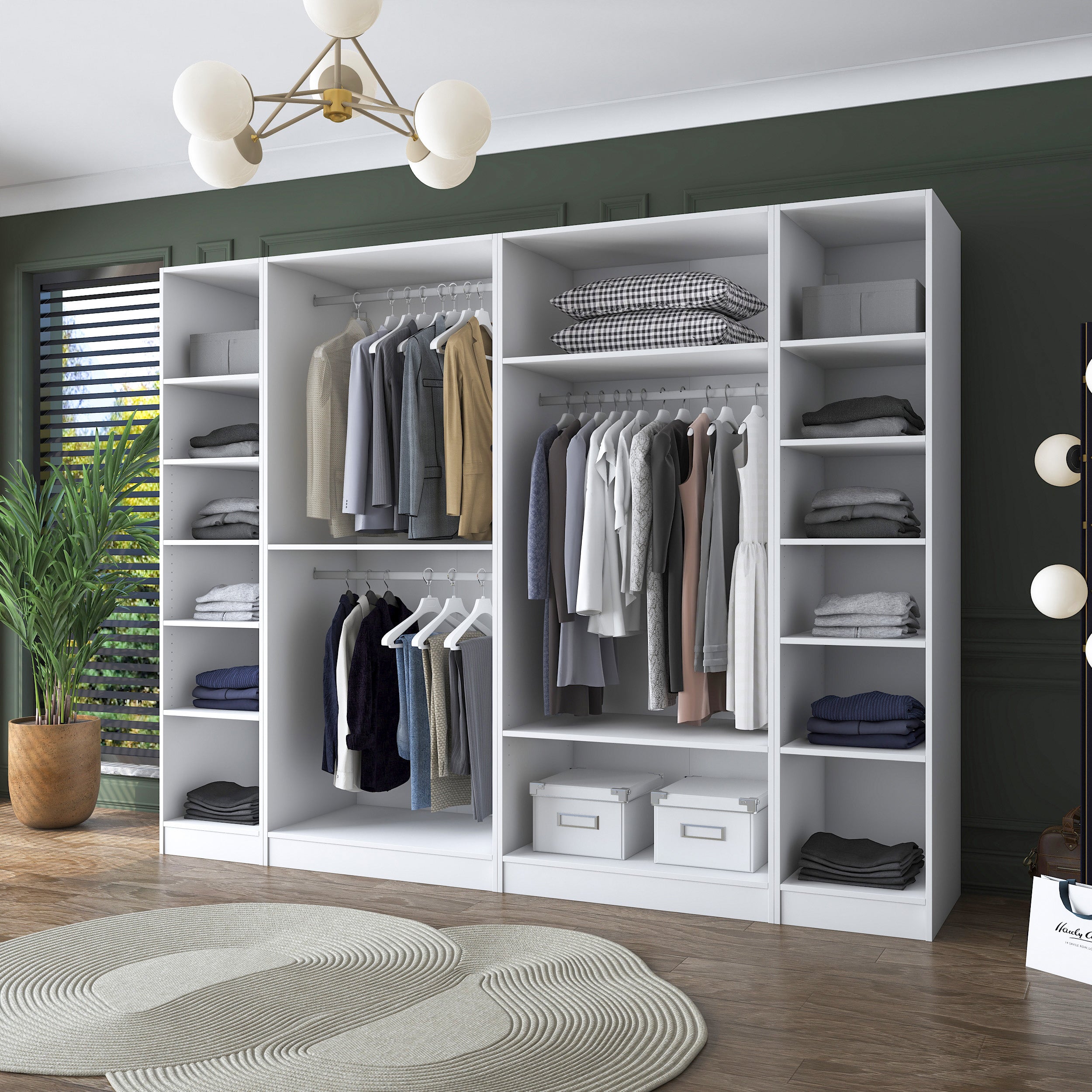 Rani BA157 Geniş Gardırop Elbise Dolabı 6 Kapaklı 14 Raflı 3 Askılı Modüler Dolap Beyaz