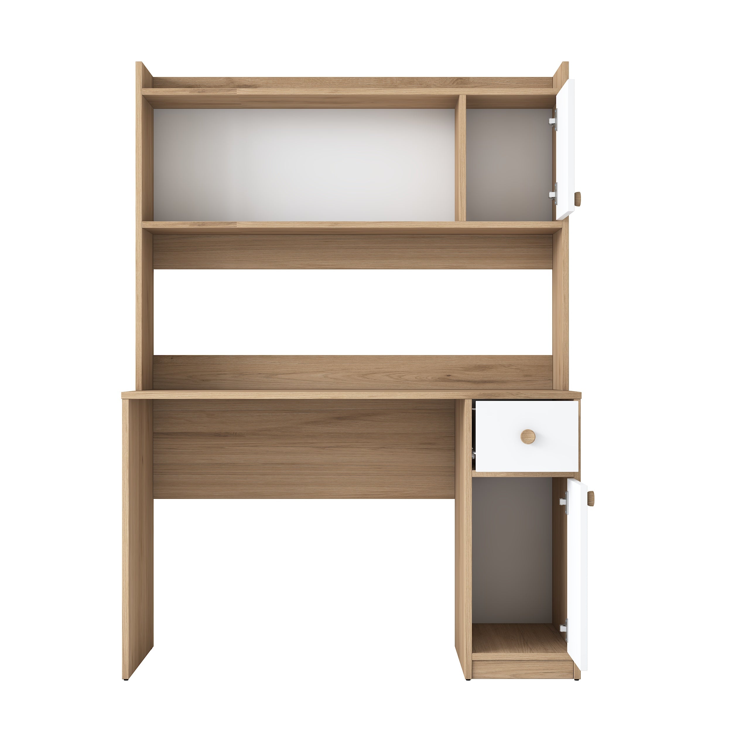 Rani HA127 kitaplıklı, raflı, 2 kapaklı ve 1 çekmeceli çalışma masası – sepet ceviz & beyaz renk, 120x50x166 cm ölçülerinde, ev ve ofis kullanımı için modern tasarımlı bilgisayar masası.
