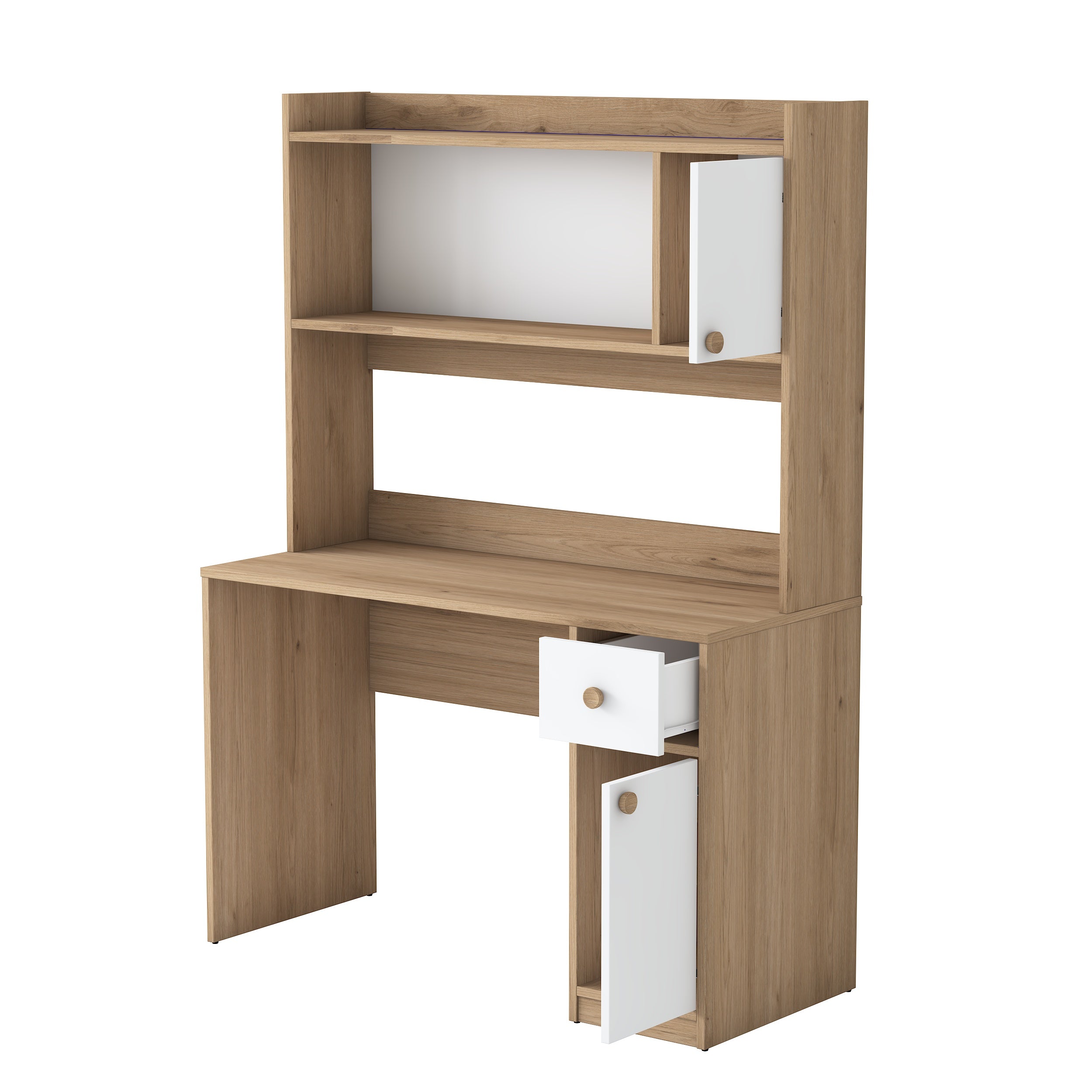 Rani HA127 kitaplıklı, raflı, 2 kapaklı ve 1 çekmeceli çalışma masası – sepet ceviz & beyaz renk, 120x50x166 cm ölçülerinde, ev ve ofis kullanımı için modern tasarımlı bilgisayar masası.