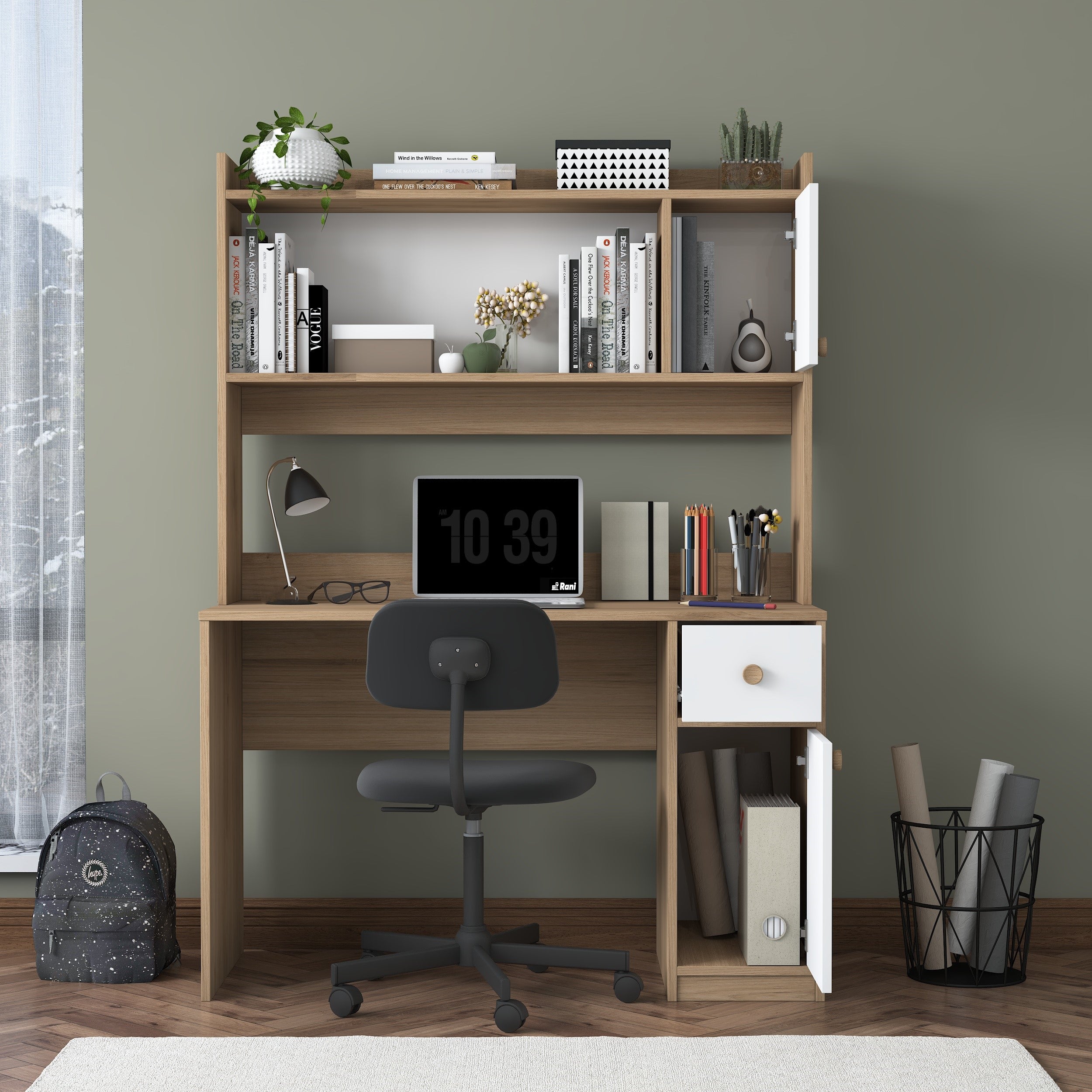 Rani HA127 kitaplıklı, raflı, 2 kapaklı ve 1 çekmeceli çalışma masası – sepet ceviz & beyaz renk, 120x50x166 cm ölçülerinde, ev ve ofis kullanımı için modern tasarımlı bilgisayar masası.